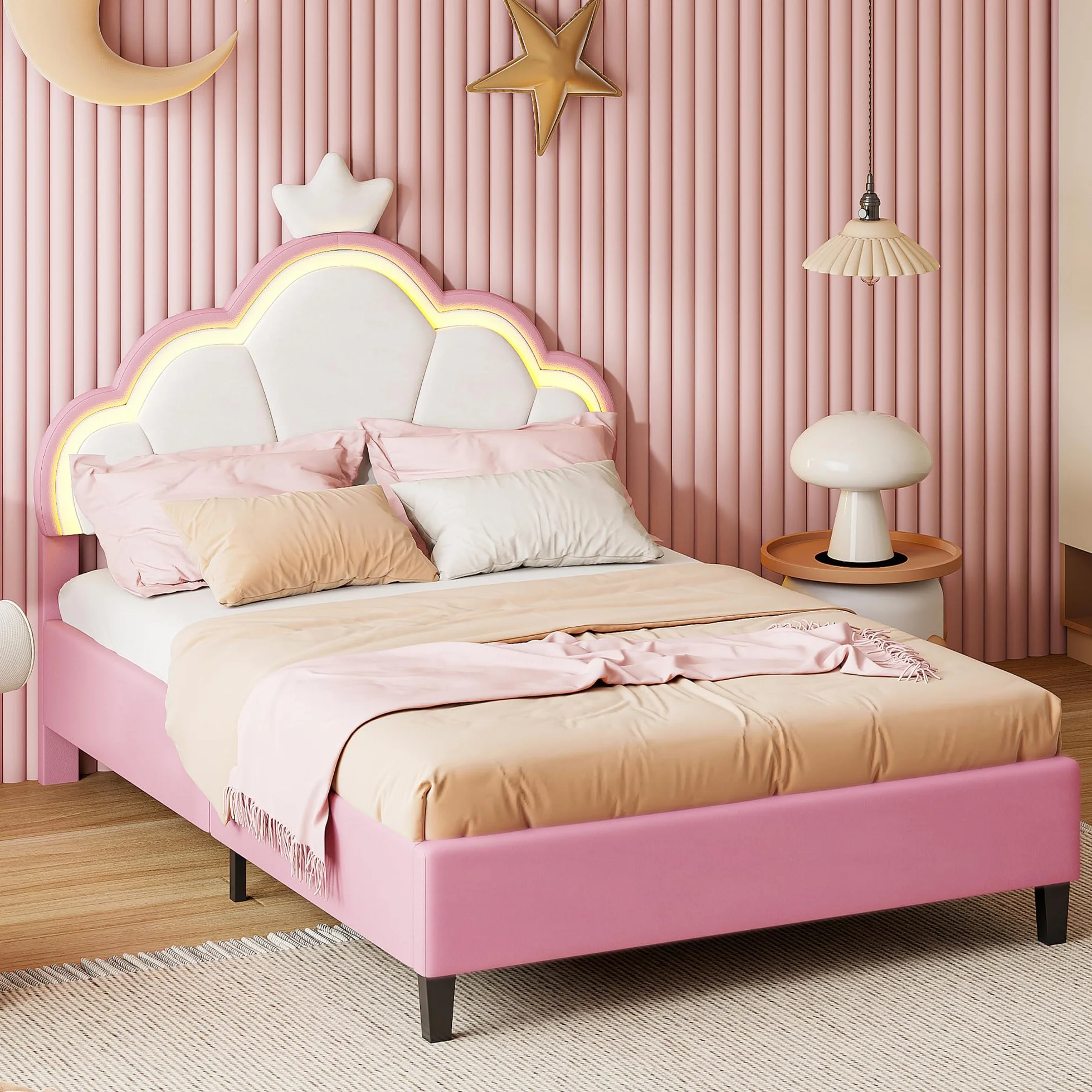 Letto matrimoniale per bambini 140 x 200 cm, letto da ragazza principessa con LED, testiera regolabile a forma di corona, telaio del letto imbottito con rete a doghe, per bambini e adulti