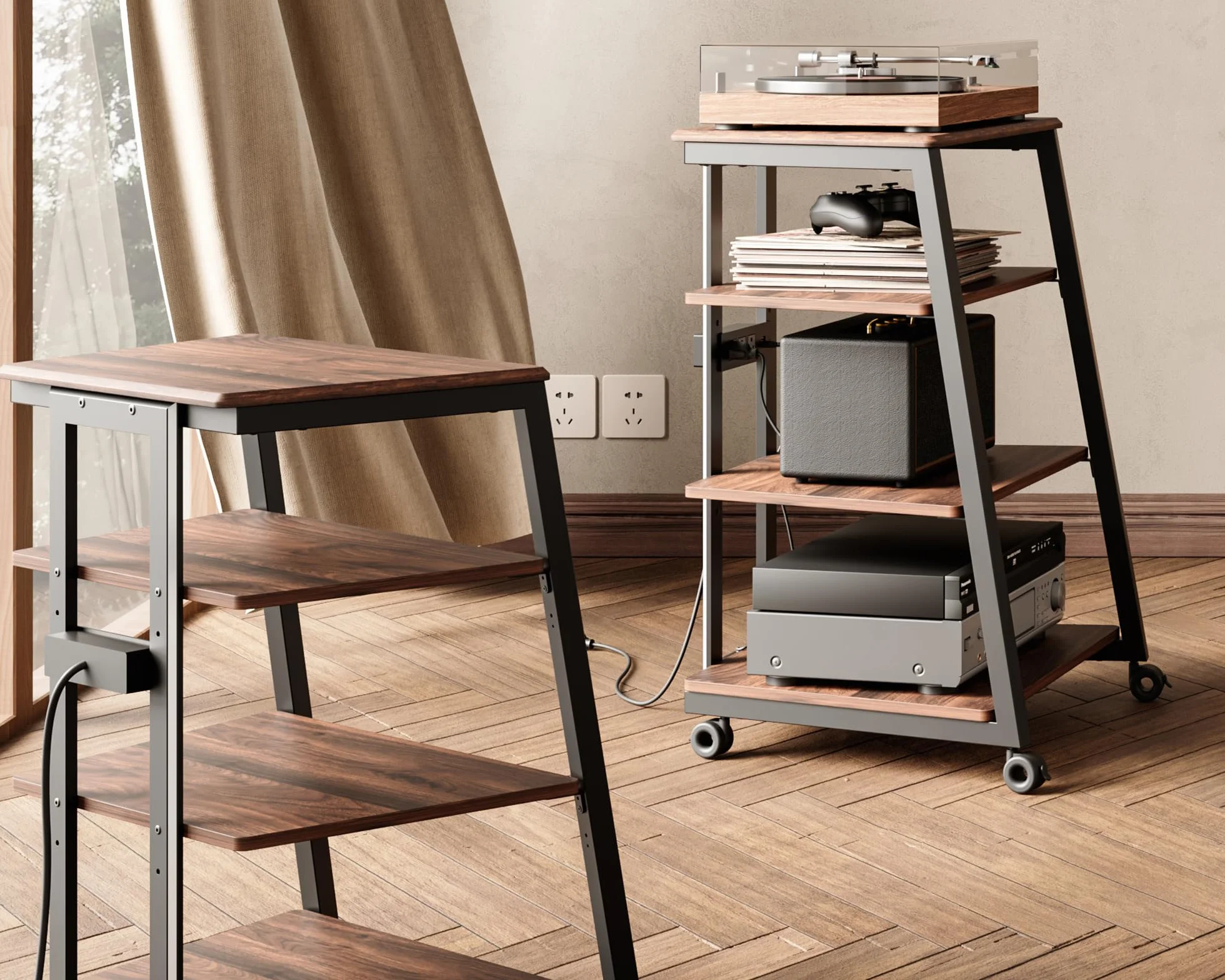 FITUEYES Mobile HIFI con Luci LED e Prese 4-Level Mobile Giradischi Capacità di Carico 50 kg Serie Eiffel