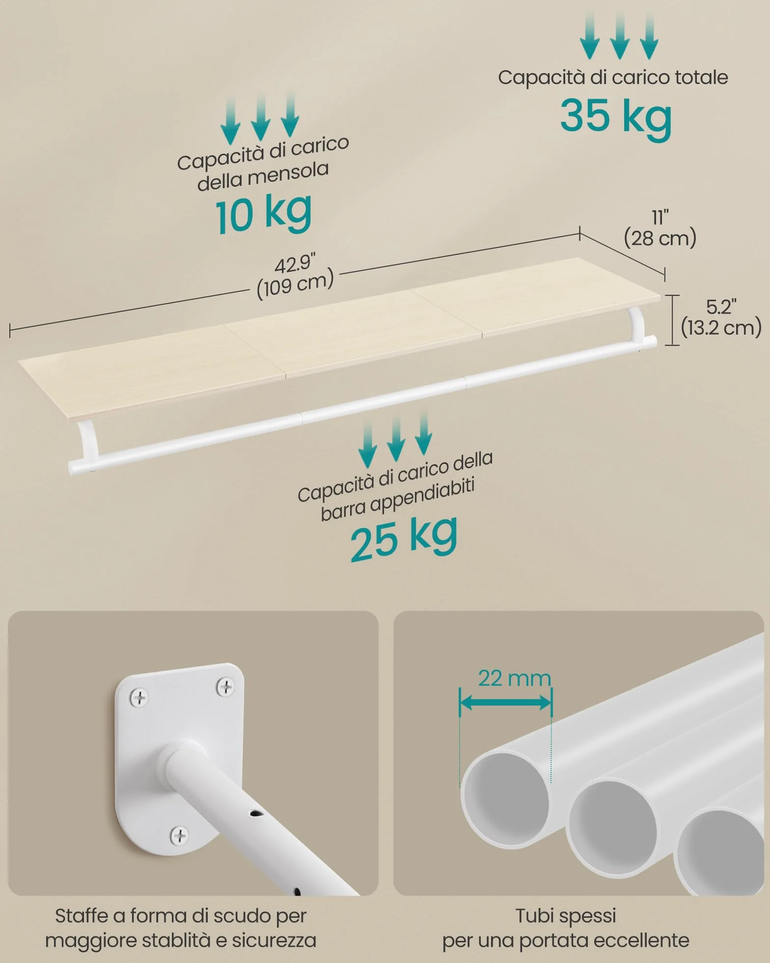 SONGMICS Appendiabiti da Parete, Barra Appendiabiti con Mensola da Muro, Portata Totale 35 kg, 28 x 109 x 13,2 cm, Camera da Letto Cabina Armadio, Beige Naturale e Bianco Nuvola HSR135W01