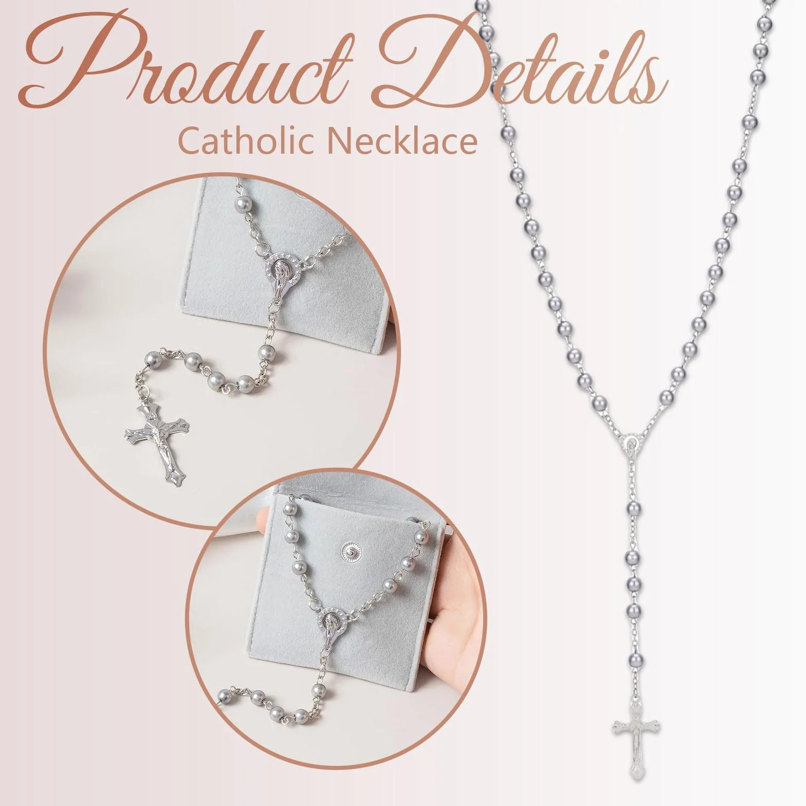 Collana rosario grigia per donne Collana rosario cattolica con perle artificiali Stile monocolore Regalo spirituale per preghiera e meditazione