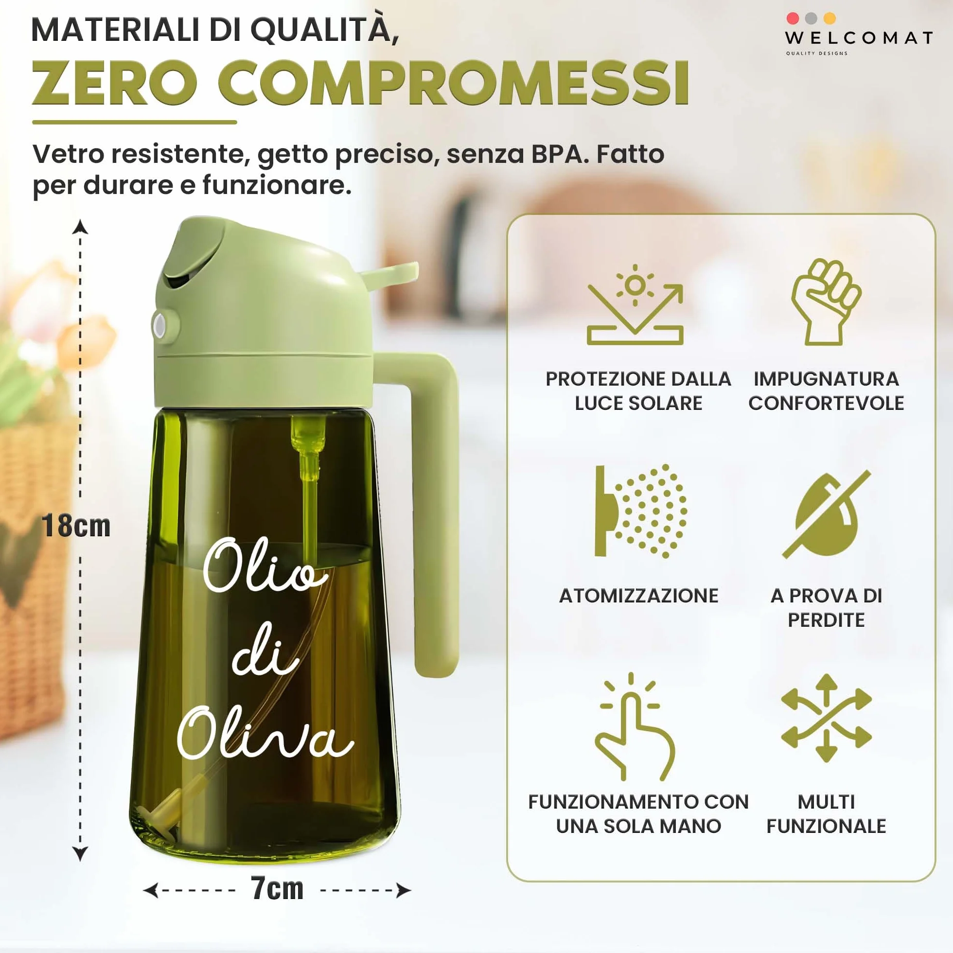 WELCOMAT Spruzzino Olio 470 ml 2 in 1 Nebulizzatore Vetro per Friggitrice ad Aria Insalata BBQ