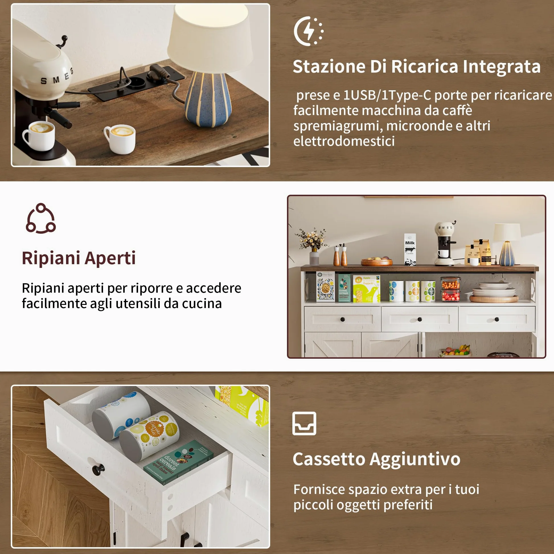BonVache Credenza, credenza con cassetti, credenza con scaffali aperti, per cucina, sala da pranzo, soggiorno, 130 x 35 x 95 cm, bianco