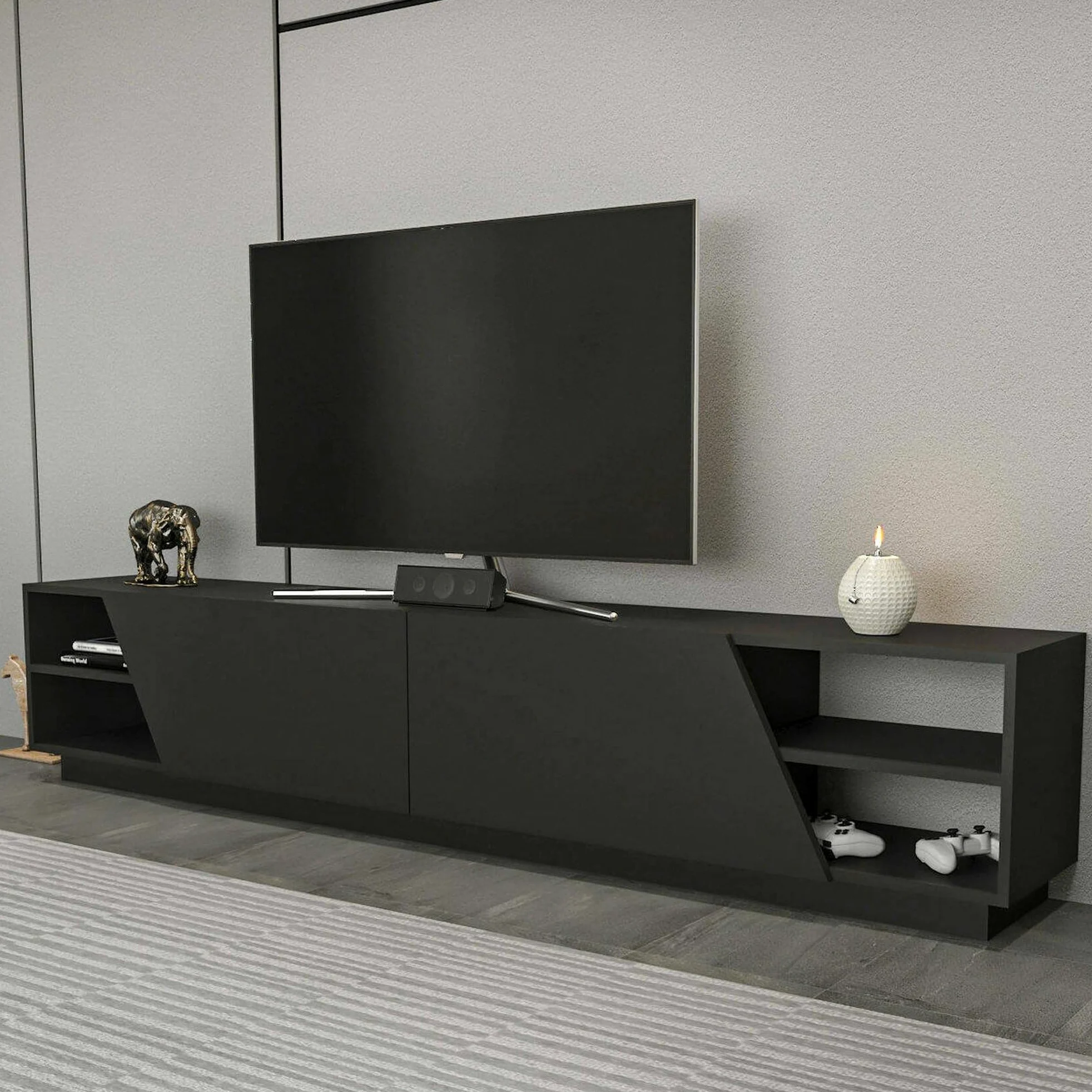 Dmora - Mobile porta TV Nyx, Credenza da soggiorno, Armadio basso per TV, Base parete attrezzata, 240x37h47 cm, Antracite