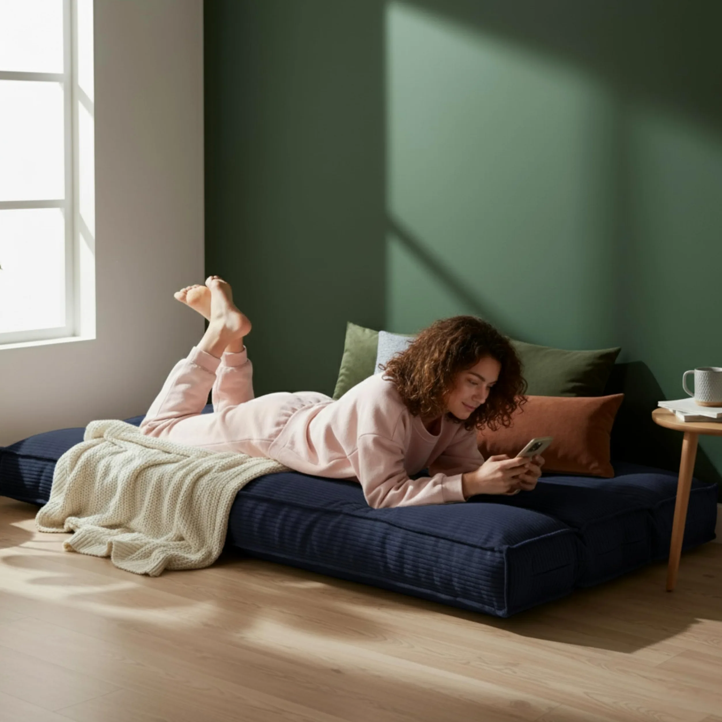 Futon Giapponese 1 Persona Comodo e Spesso, Prodotto in Francia, Sfoderabile, Ideale come Materassino Pieghevole, Tatami Giapponese–Letto Singolo, Cinghia di Fissaggio inclusa (90x190 cm, Blu Scuro)
