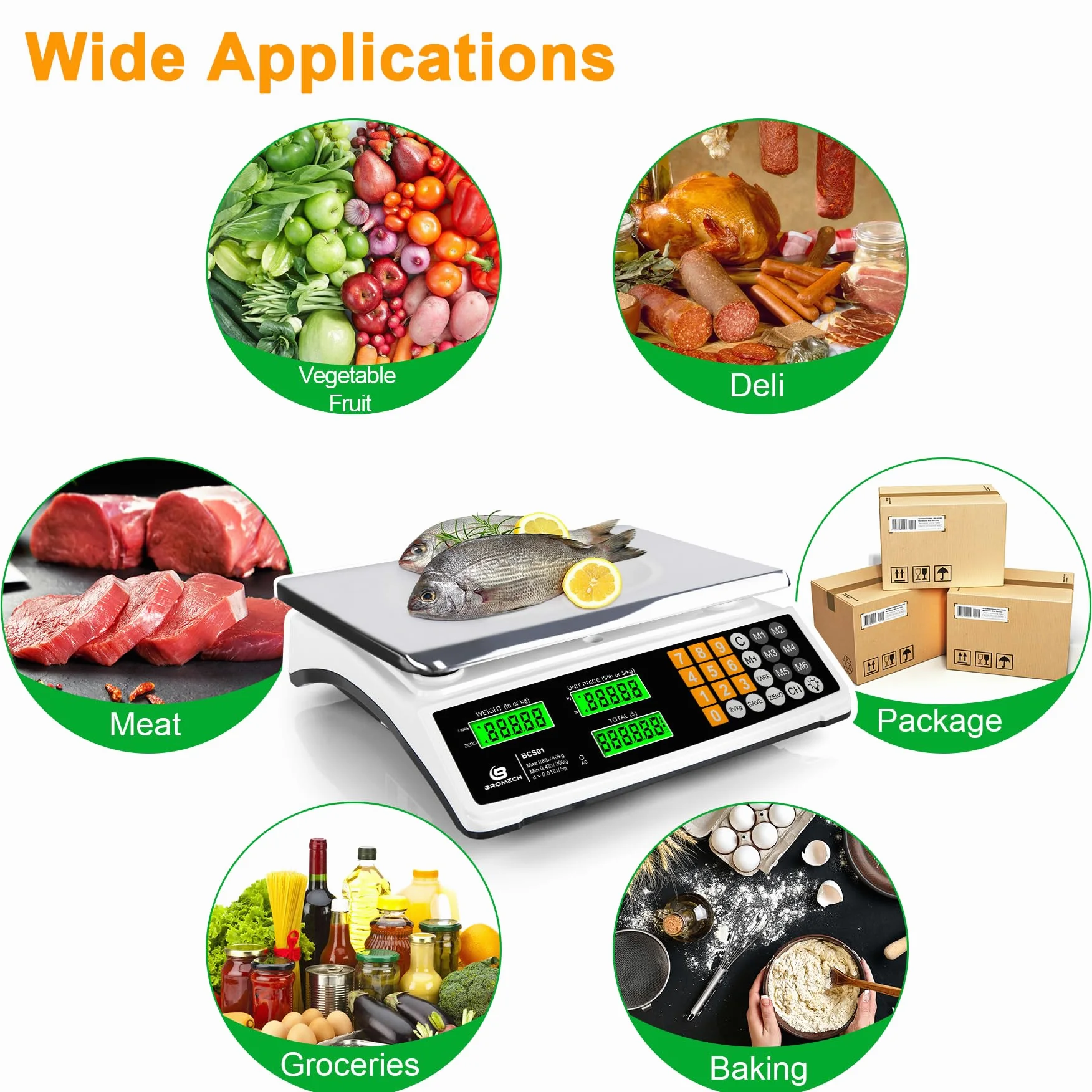 Bilancia per calcolo dei prezzi, 40 kg, bilancia commerciale per alimenti per la pesatura della carne, display LCD e retroilluminazione verde brillante per mercati agricoli, negozi di carne,