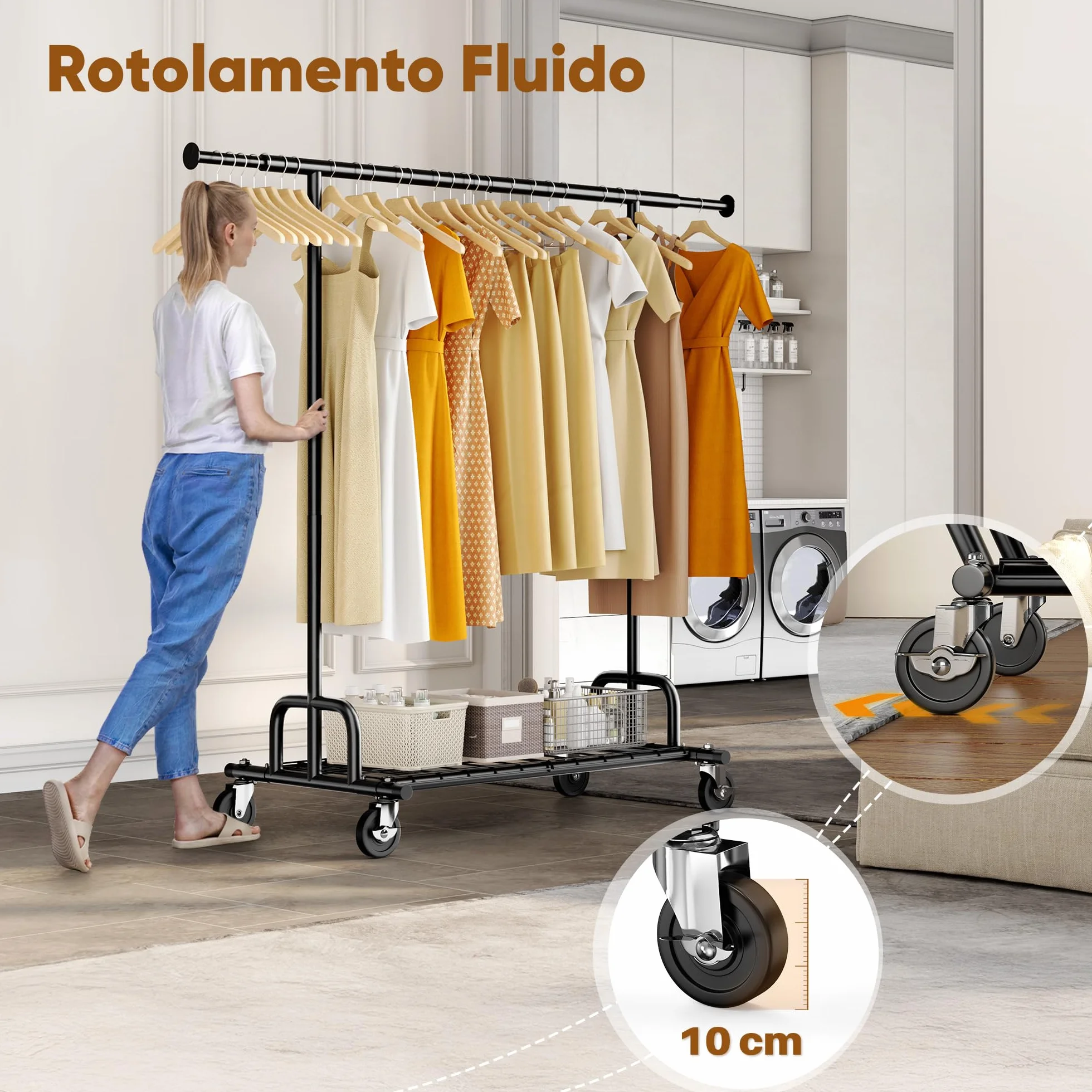 HOKEEPER Appendiabiti da Terra Resistente 238kg, Barra Estensibile con Ruote Bloccabili e Ripiano, Salvaspazio per Camera da Letto, Appartamento, Lavanderia, Nero