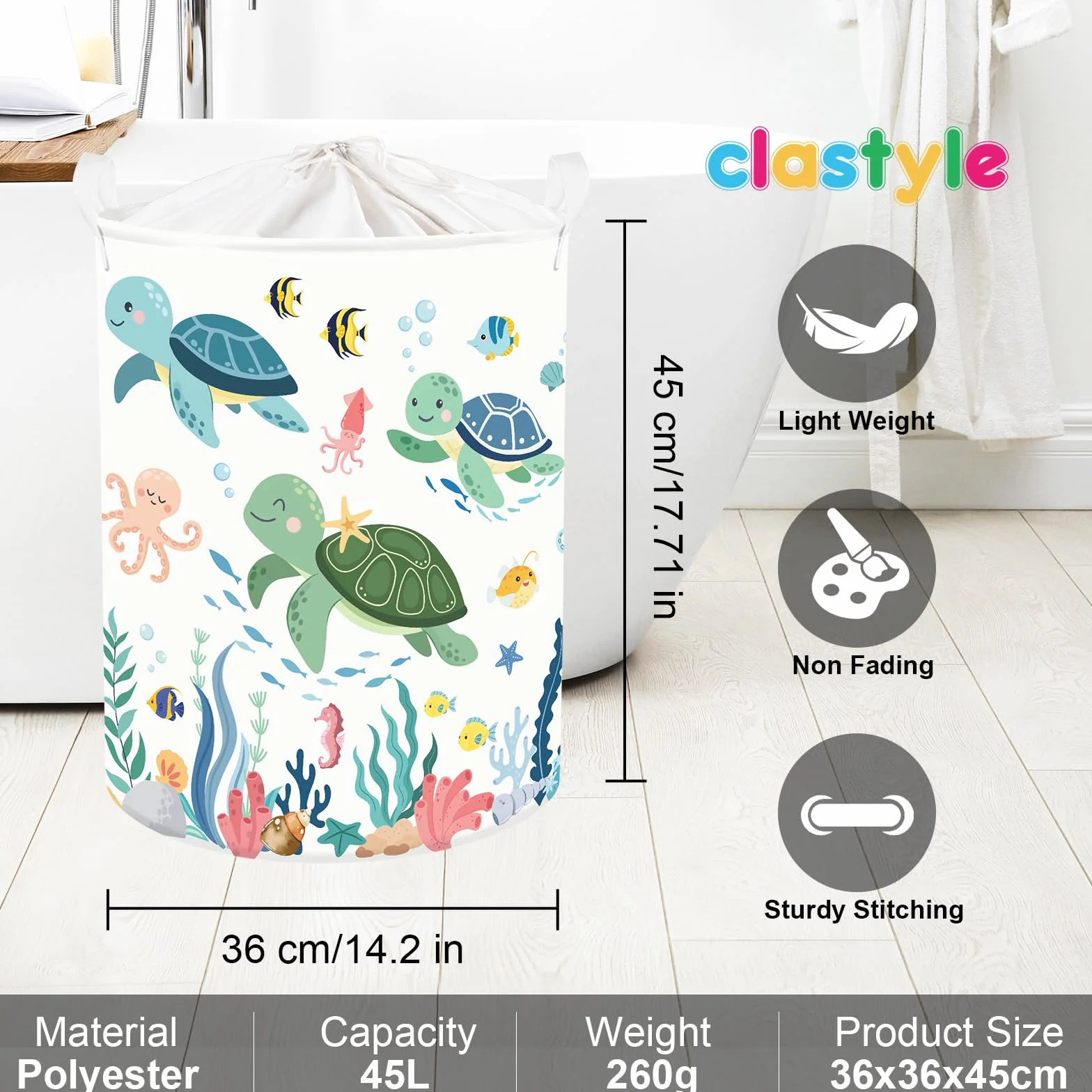 Clastyle Cesto Portabiancheria Animali Marini Cestino Portaoggetti Granchi Cesta Biancheria Genitori per Organizzare Giocattoli Vestiti, Tartaruga Verde, 36x45 cm