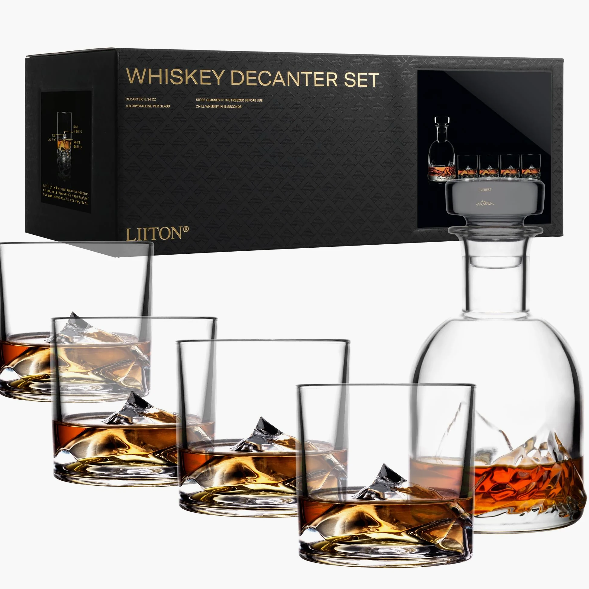 LIITON Everest - Set di 5 bicchieri da whisky in cristallo con caraffa da whisky, regalo per uomo, per cocktail, gin, bourbon, rum