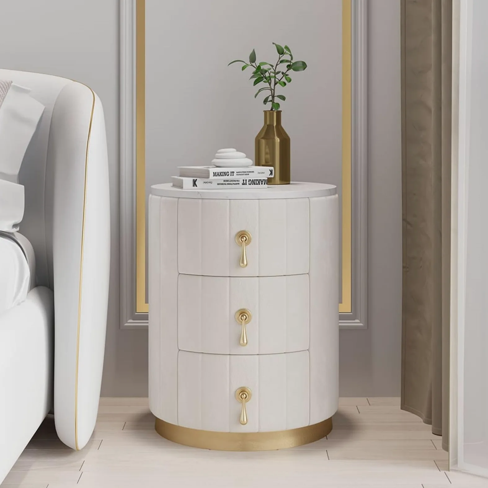 homary Comodino in velluto bianco con contenitore, comodino rotondo con 3 cassetti, tavolino in pietra per camera da letto, tavolini per soggiorno