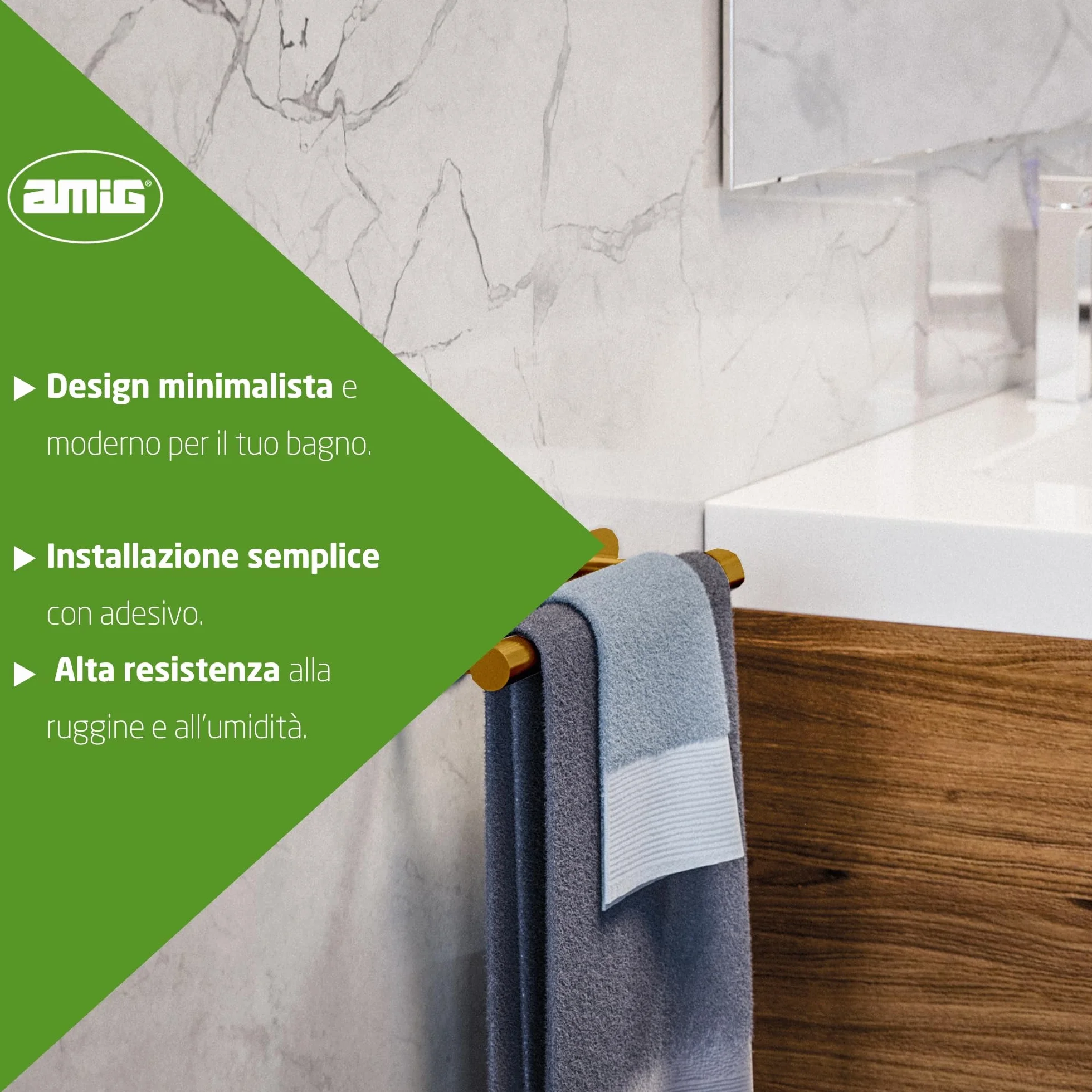 Portasciugamani adesivo da bagno Mod. Ea-1 230 x Ø19 x 70 x 45 mm Acciaio inossidabile Oro opaco