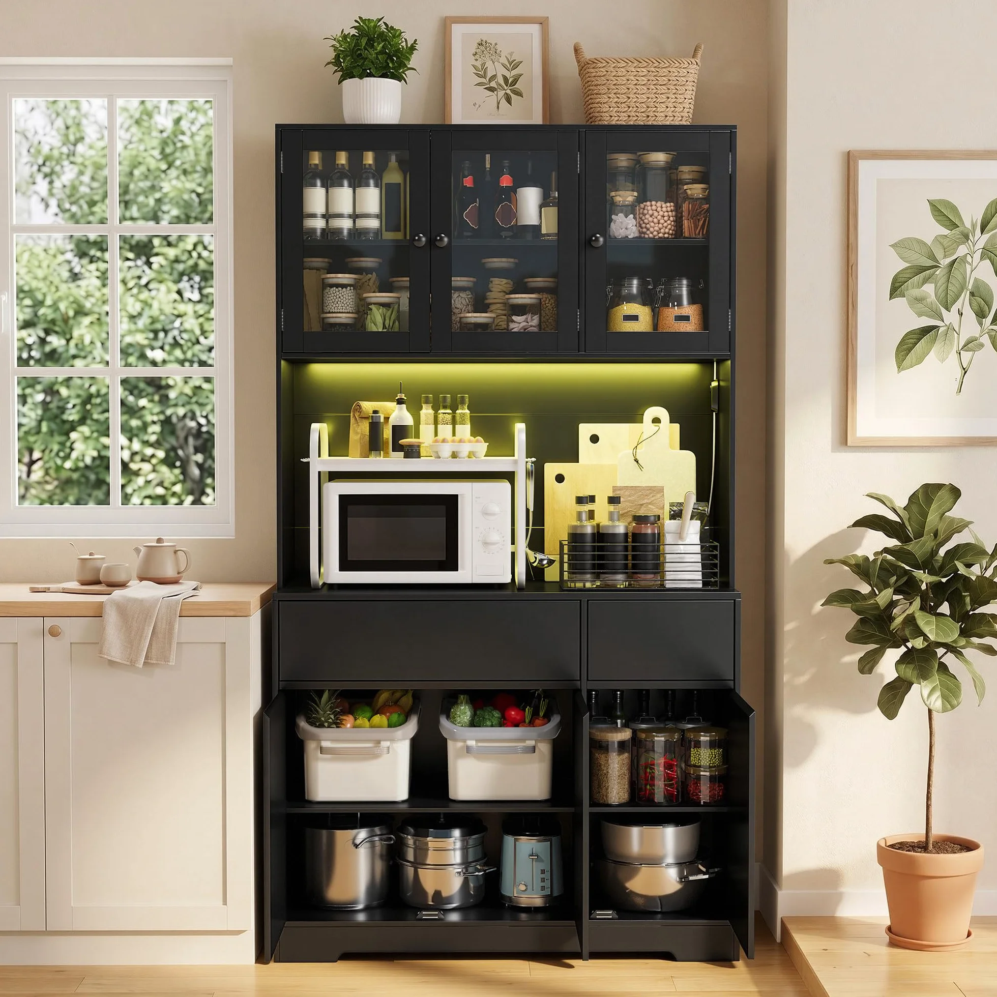 Xbro Credenza Buffet Cucina con Luce LED, Prese di Corrente, Ante in Vetro, 6 Ante e 2 Cassetti, Mobile Dispensa Multifunzione per Cucina, Sala da Pranzo, 100x38.5x180cm