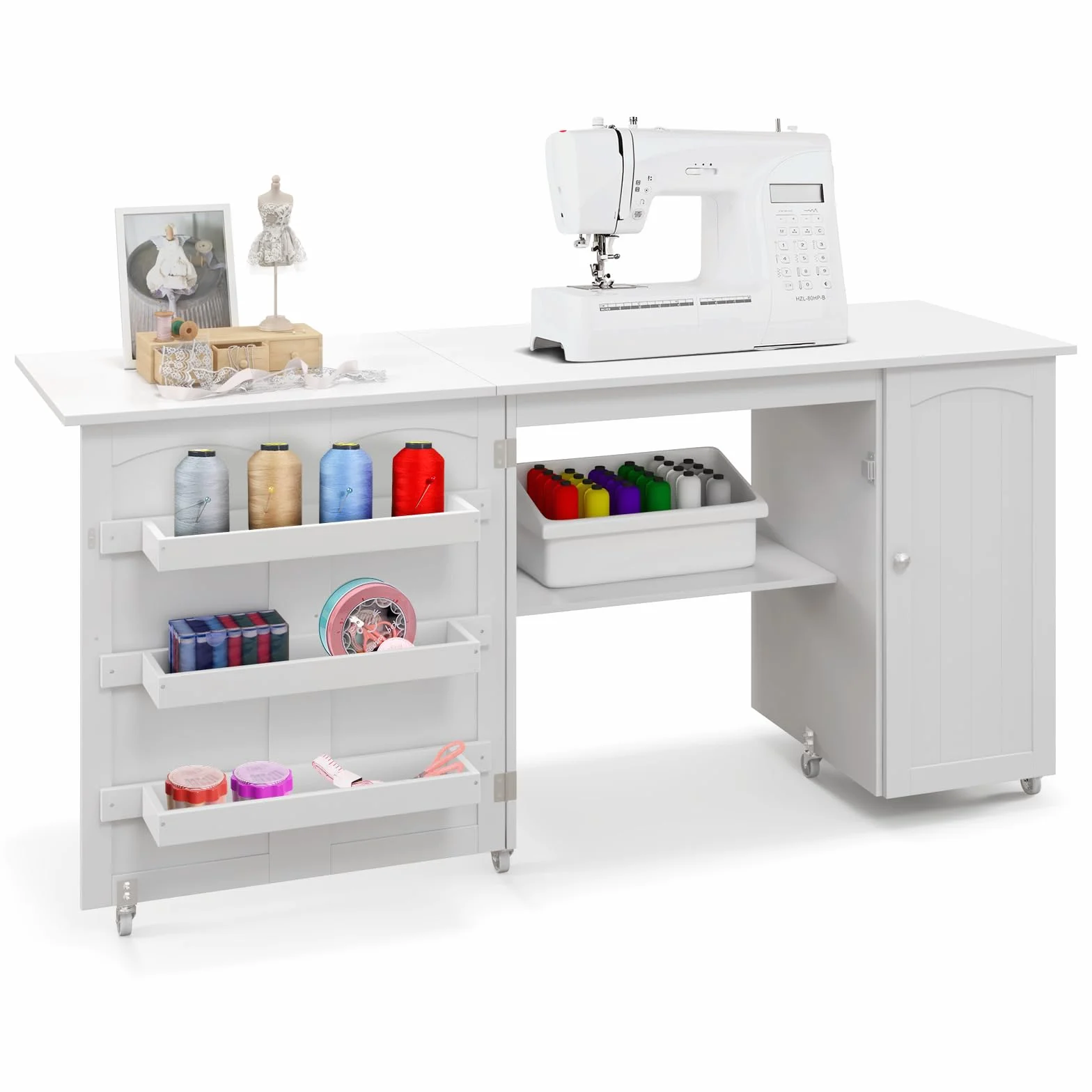 GIANTEX 2 in 1 Mobiletto Cucito Tavolo Cucire Pieghevole con Ruote Armadio Legno Salotto Ufficio 55kg 158,5x50x74cm Bianco