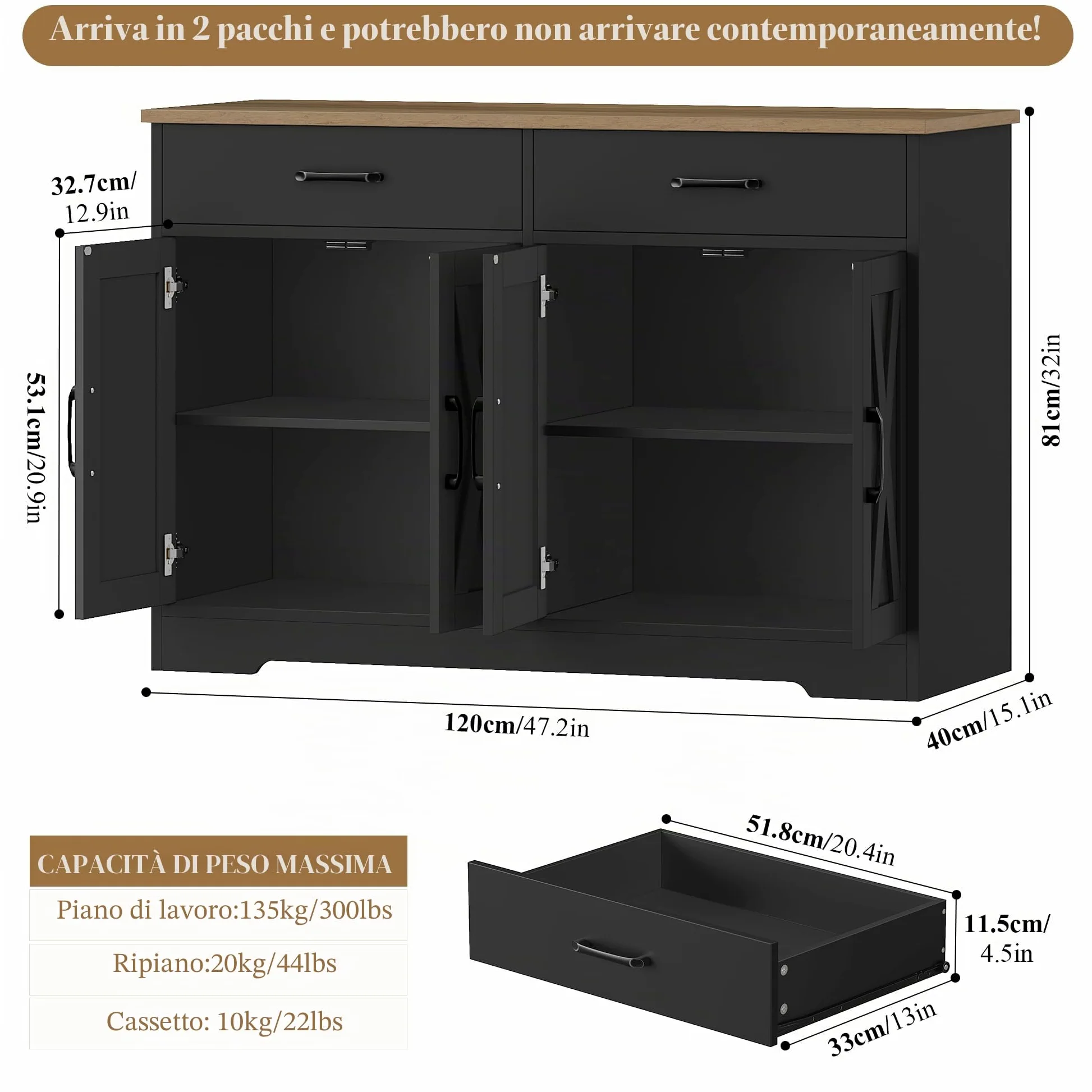 HOCSOK 120 cm Credenza Cucina, Mobile Cucina con 2 Cassetti e 4 Armadi，Buffet Mobile Moderno, Credenza Soggiorno, Mobile per Cucina Ingresso Foyer, Sala da Pranzo, Nero +Marrone