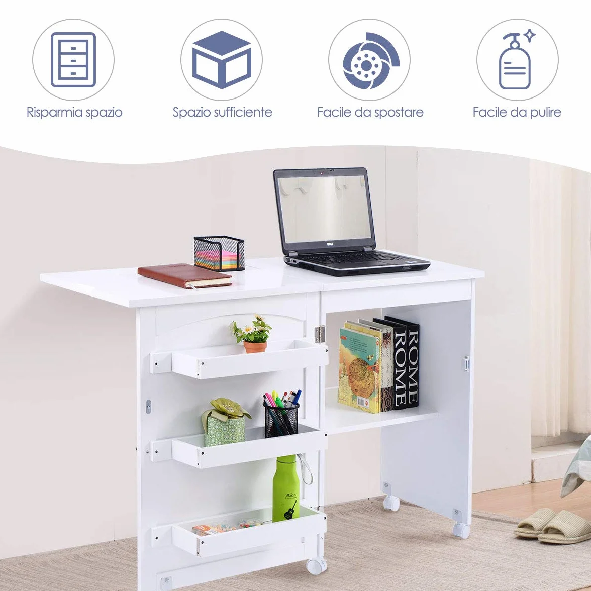 GOPLUS Mobiletto Cucito Pieghevole con Mensole e 5 Ruote Armadietto per Cucito Tavolo Allungabile per Macchina da Cucire 117x77x40 cm (Bianco)