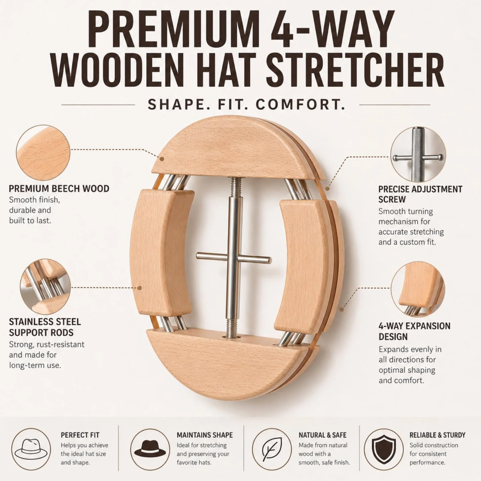 Tenditore per cappelli a quattro lati in legno, supporto per cappelli in legno naturale, cappello da cowboy, regolabile in larghezza al cappello, adatto per cappelli da baseball e cappelli da