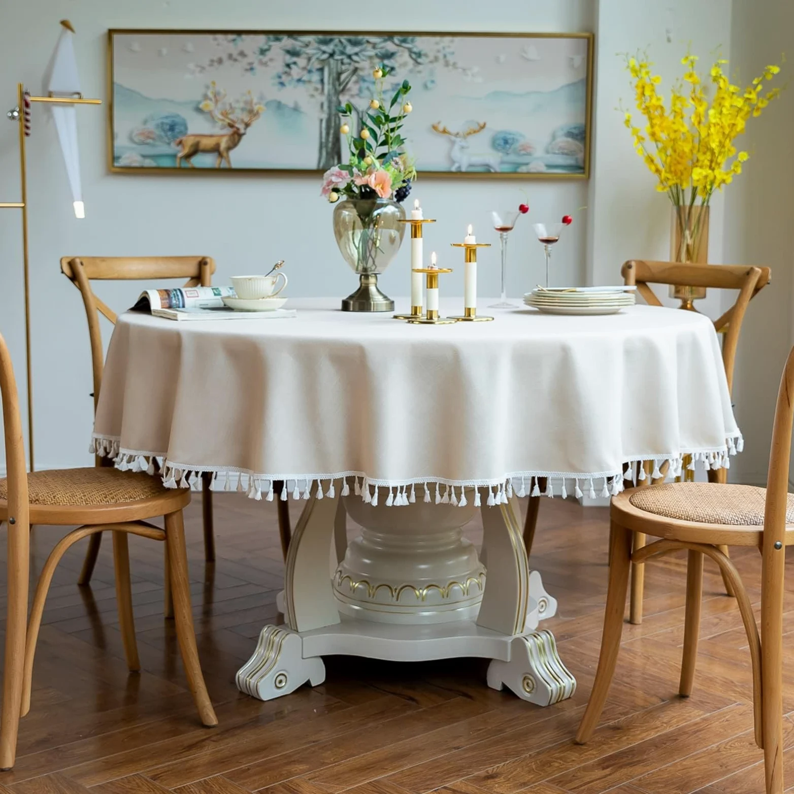 Tovaglia in cotone e lino con nappe, impermeabile e antimacchia, perfetta per uso esterno e interno, elegante colore beige, 160 cm, copertura quadrata per tavolo da pranzo