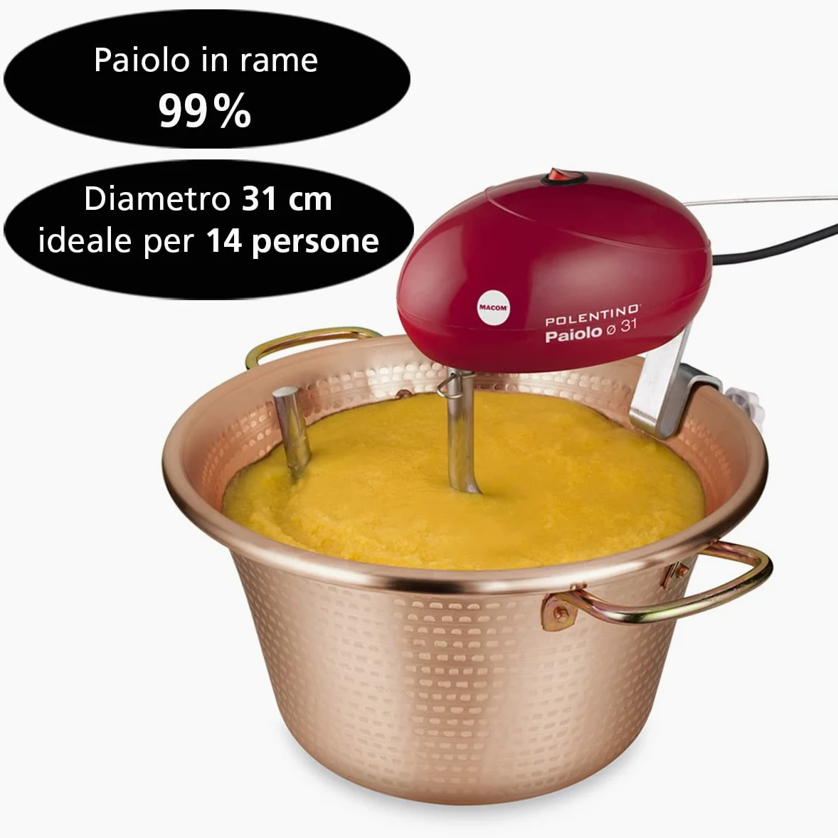 MACOM, Paiolo Polentino con miscelatore elettrico, Rame, Diametro 31 cm, 6.5 L di capacità, Just Kitchen 851