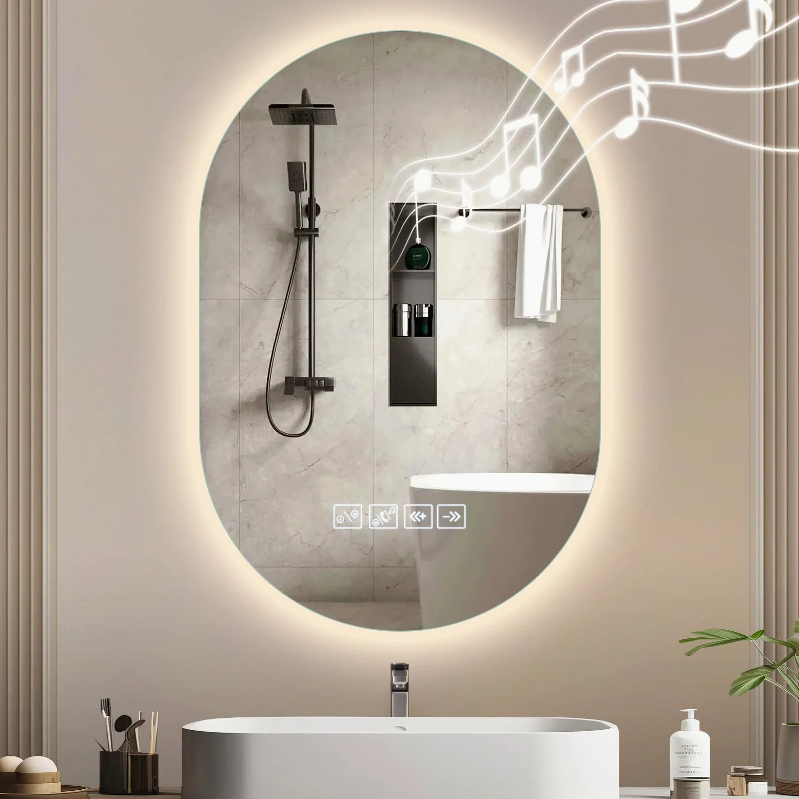 Specchio Bagno con Luce, 75x50cm, Specchio Smart con Antiappannamento, Memoria e Dimmerabile, Bluetooth per Musica, Tasto a Sè, Installazione Orizzontale o Verticale