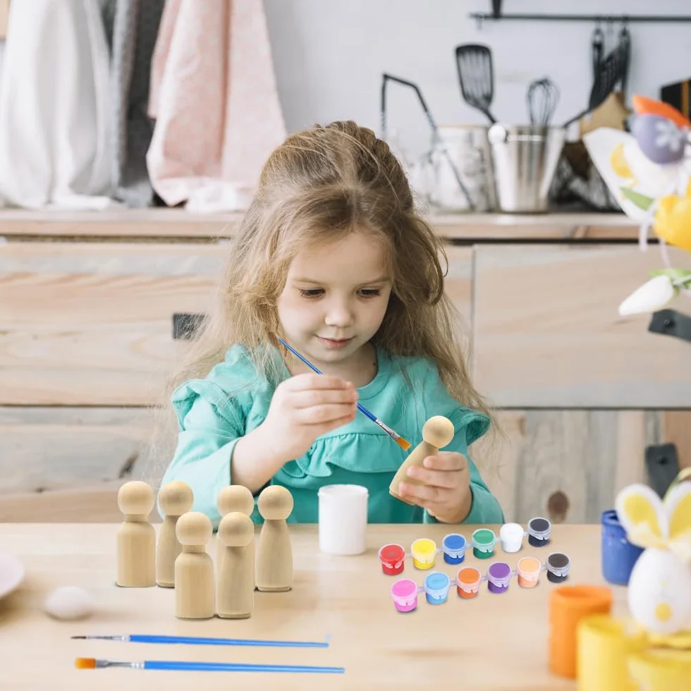 30 Pezzi Kit di Figure In Legno da Dipingere Bambole di Legno Fai da Te da Colorare Persone Piccole con Pennelli e Strisce di Vernice per DIY Artigianato, 53 mm