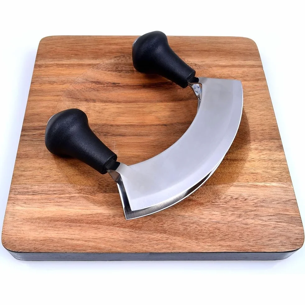 Coltello a Doppia Lama Trita Erbe, Mezzaluna Chopper, Mezzaluna Filo, Taglia Verdure Manuale, Coltello da Cucina con Lama Curva