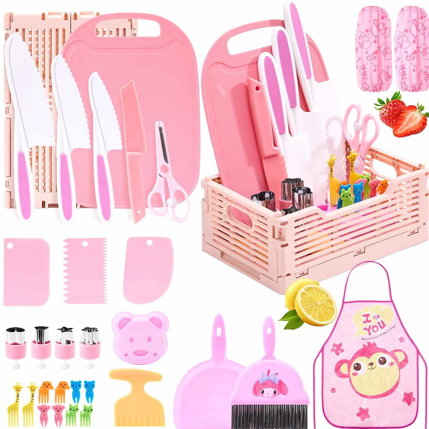 Set Cucina Montessori per Bambini 30 Pezzi, Gioco di Ruolo con Coltelli per Bambini, Accessori Cucina e Grembiule, Giocattolo Educativo dai 3 Anni