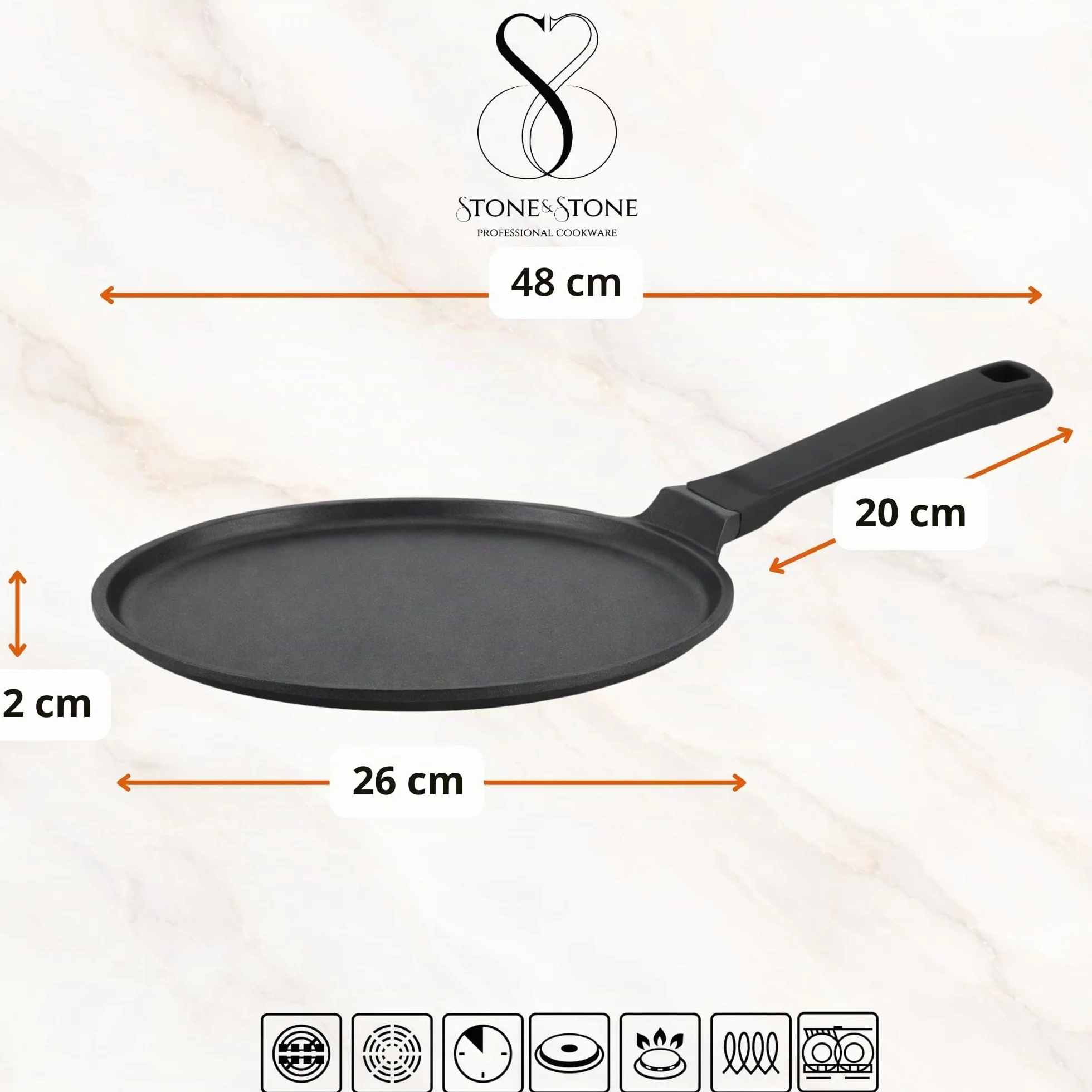 Stone&Stone Padella per Crepes e Pancake 26cm Antiaderente per Induzione e Gas | Crepiera con Rivestimento Ceramico Tedesco | Senza PFOA PFAS PTFE | Spatola e Stendi Pastella Inclusi