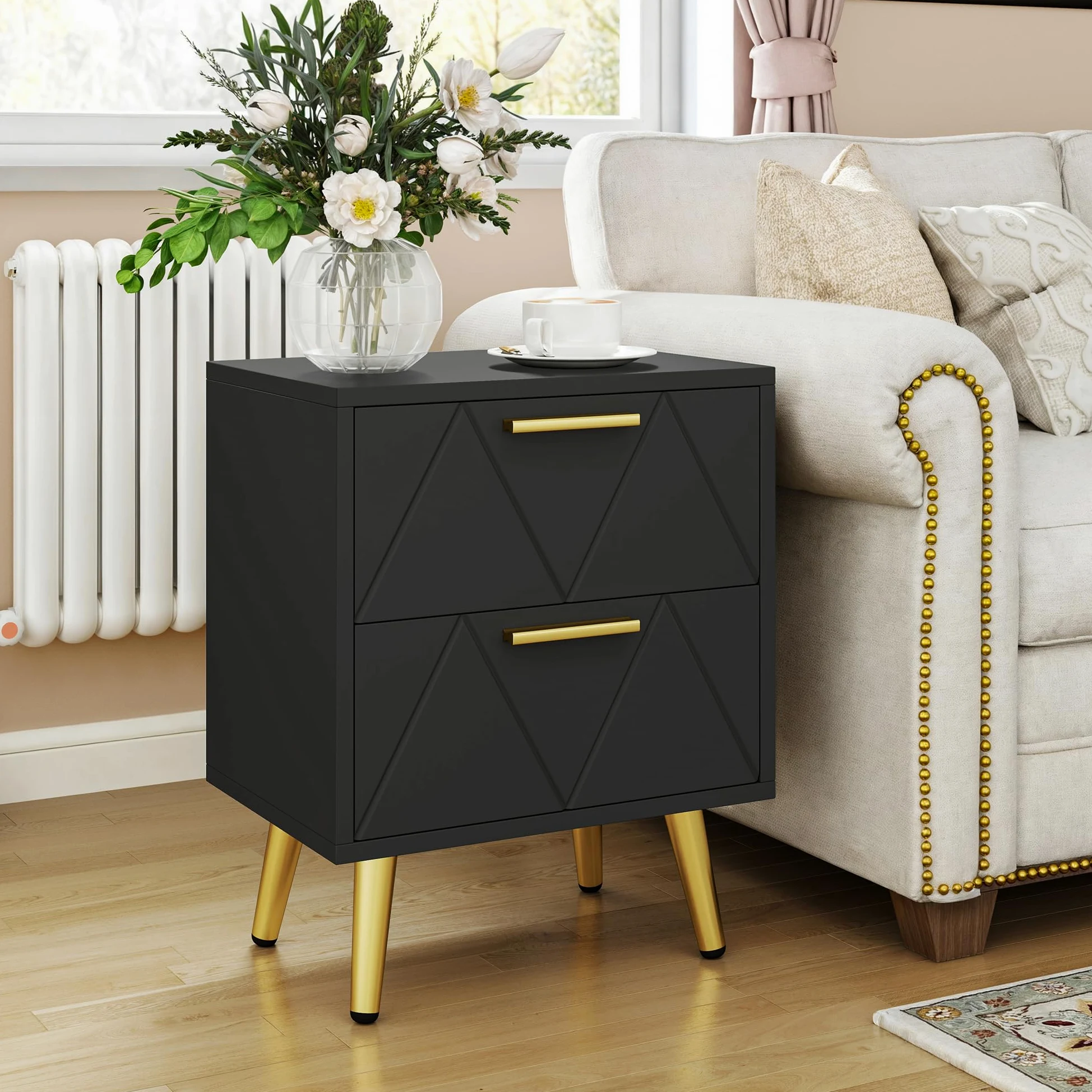 YITAHOME Set di 2 comodini con 2 cassetti, piccolo comodino con contenitore, comodino per soggiorno, camera da letto, ufficio, nero e oro, 40 x 30 x 52 cm, nero e oro
