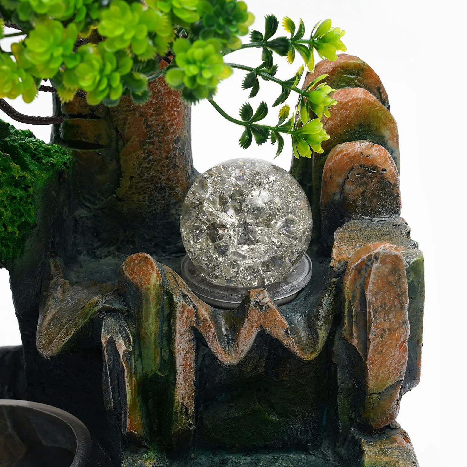 Fontana da interni con illuminazione, fontana con pompa e umidificatore, fontana da tavolo con pietra decorativa da giardino in resina a cascata, per casa, ufficio, camera da letto, decorazione