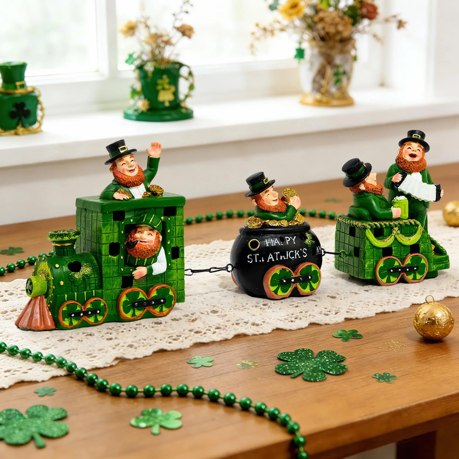 3 decorazioni per il giorno di San Patrizio dell'Irlanda, statuetta con leprechaun illuminato in resina irlandese, centrotavola da tavolo per la casa
