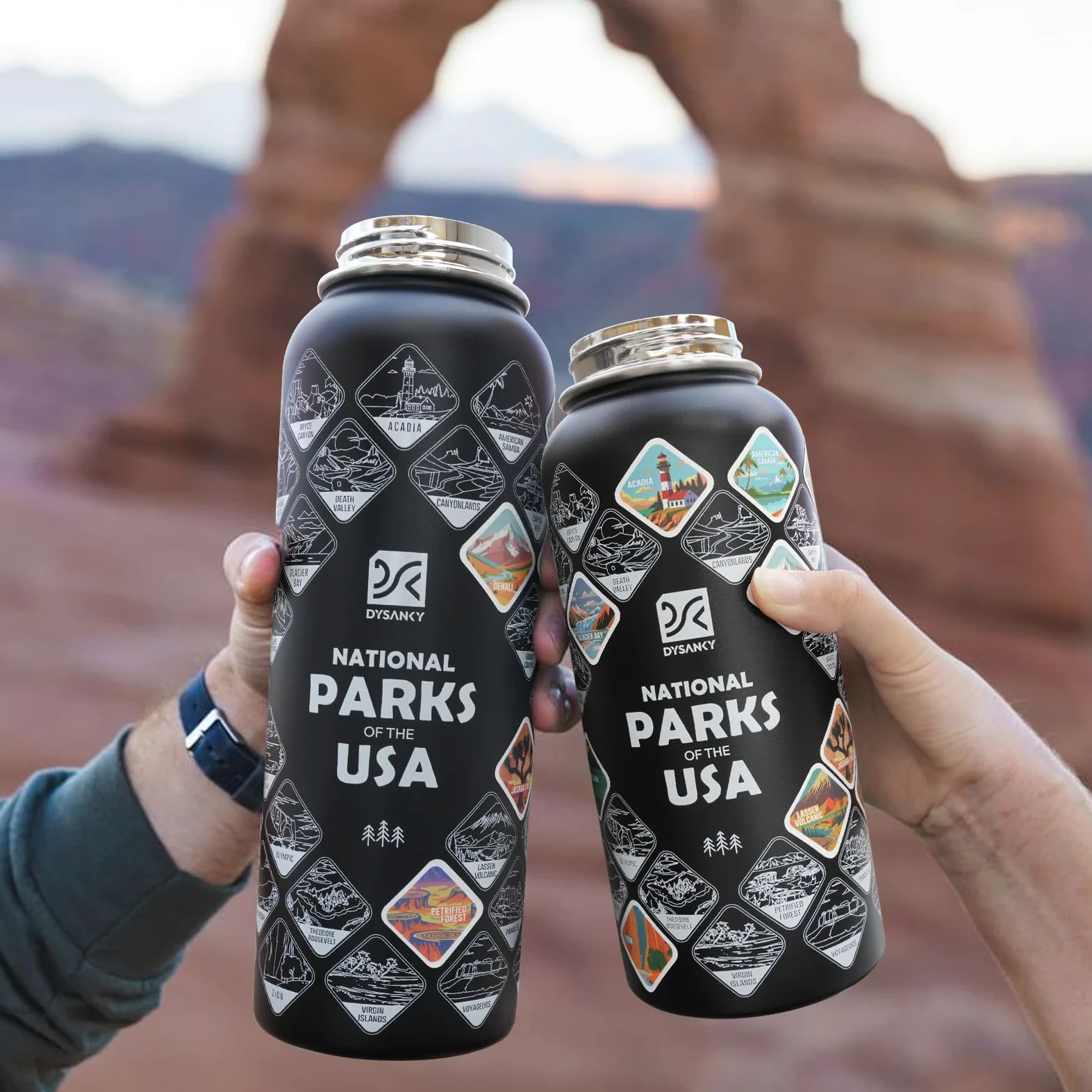 DYSANKY National Parks - Borraccia termica in acciaio inox da 907 ml, con 63 adesivi disegnati a mano, accessori per esterni e confezione regalo, senza BPA, ideale per escursioni, campeggio e viaggi