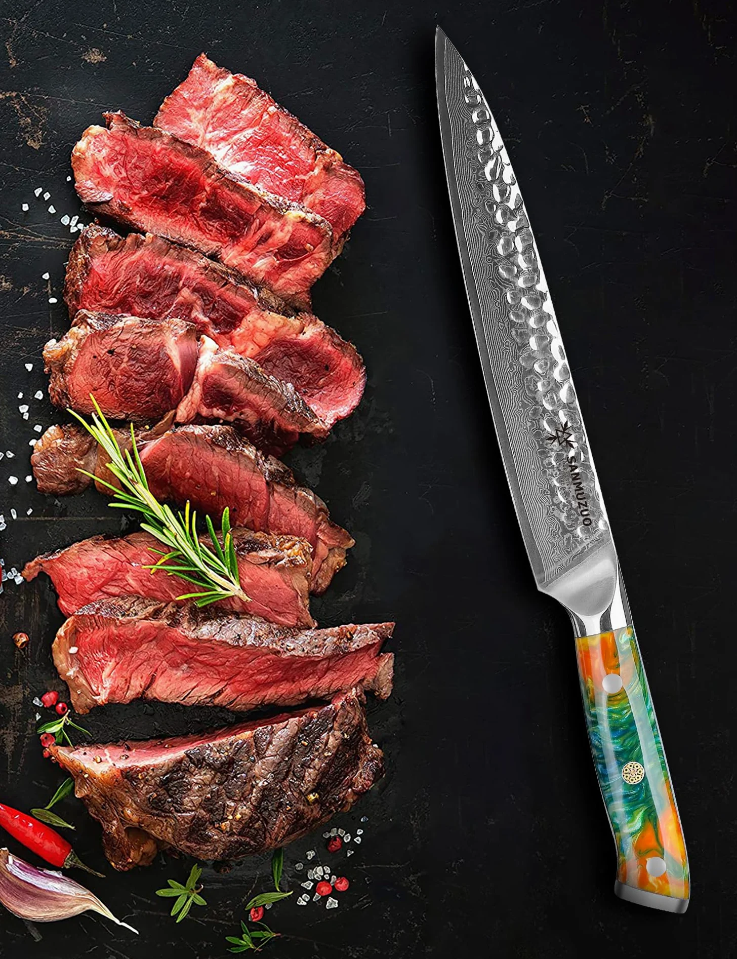 Coltello da intaglio da 20 cm, coltello per affettare la carne, coltello giapponese per sushi - acciaio damasco martellato e manico in resina - Serie YAO
