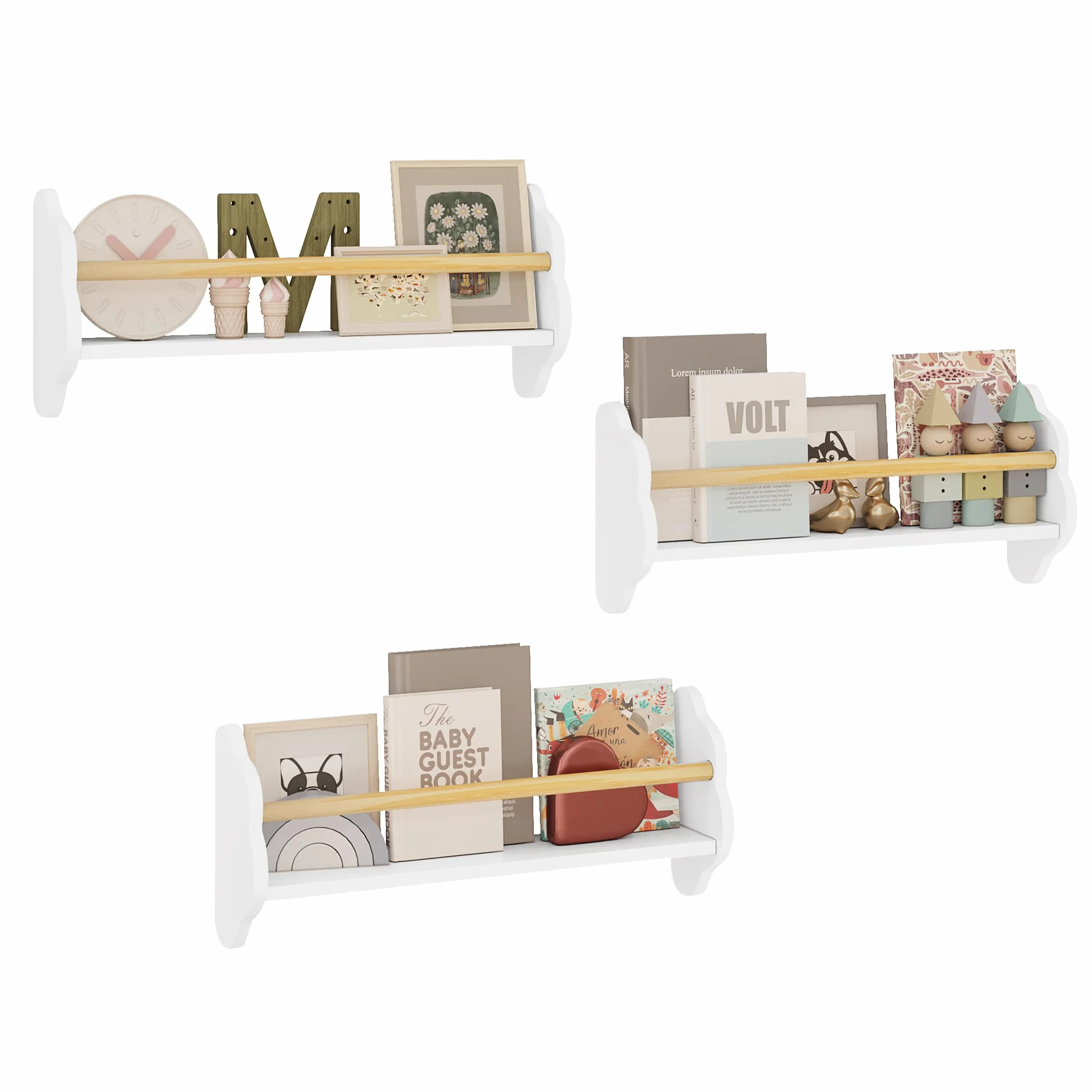 WOLTU Set 3 Libreria da Parete per Bambini, Mensole Cameretta, Porta Libri Giocattoli, Pino MDF, Bianco
