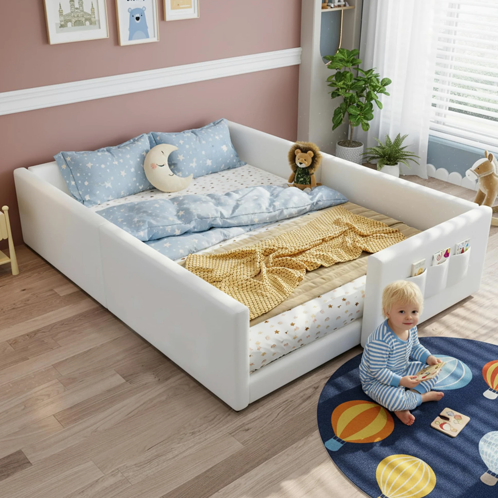 Montessori Letto a Terra per bambini 140 x 200cm, Letto imbottito PU con 3 pratiche tasche portaoggetti, Rete a doghe in Legno, letto Piazza e Mezza per Bambini(senza materasso)