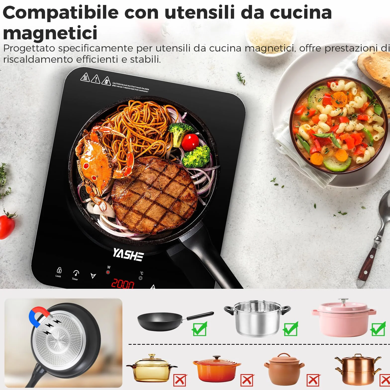 YASHE Piastra a Induzione Portatile 2000W Display LED Controllo Touch 10 Livelli Potenza Timer 4 Ore Blocco Bambini