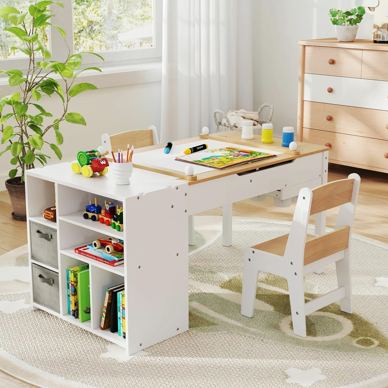 LIFEZEAL Tavolino Bambini, in Legno, con Sedia, Lavagna, Cavalletto, Scaffale per Giocattoli, Libreria, Porta Rotolo di Carta, Tavolo Bambini da Cameretta, Set per Bimbi 3+Anni, Naturale