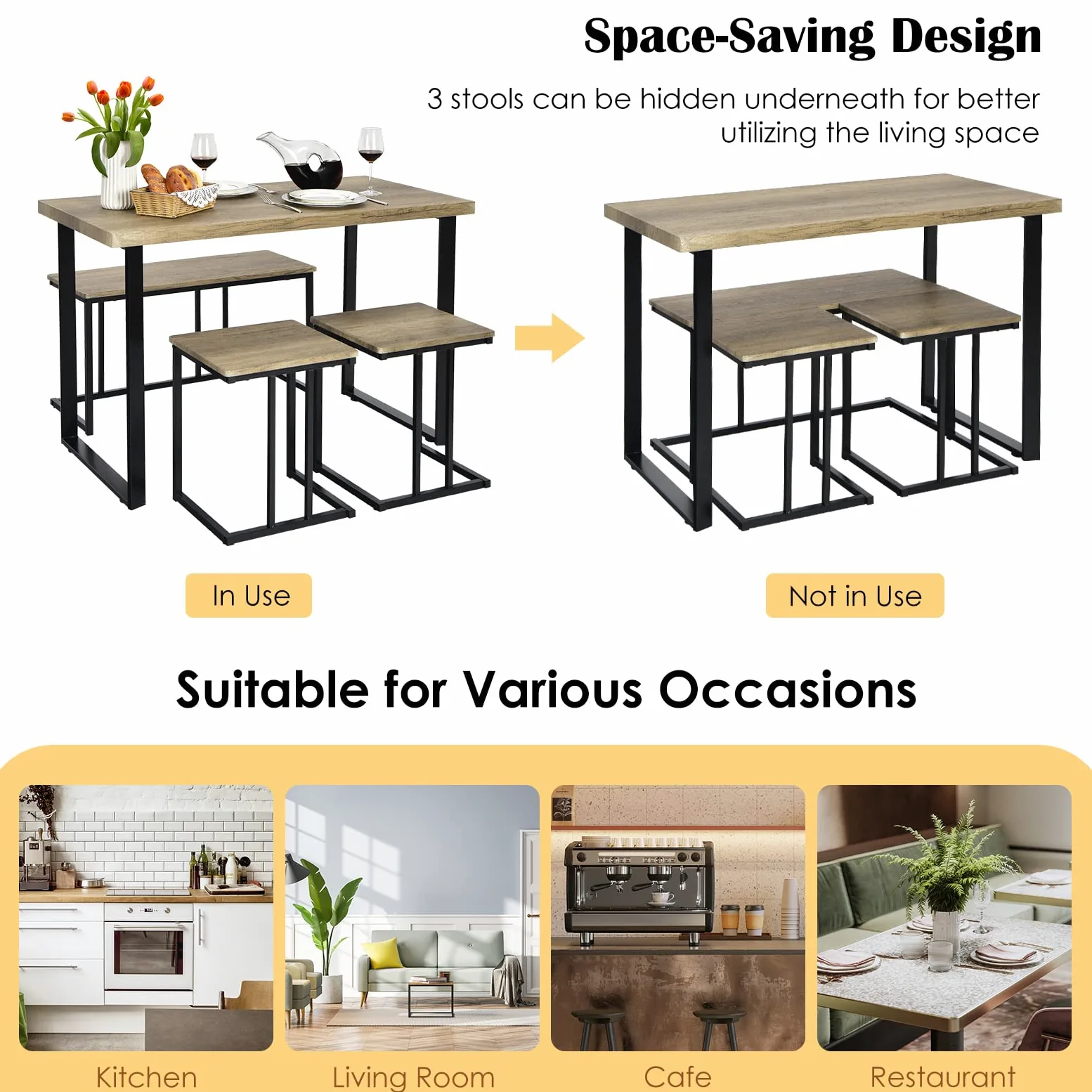RELAX4LIFE Tavolo da Pranzo 4 Pezzi, Set Tavolo Cucina con Panca 2 Sgabelli, Tavolo da Bar con Struttura in Metallo, Gruppo Sedute per 4 Persone, Design Industriale, Rovere Grigio