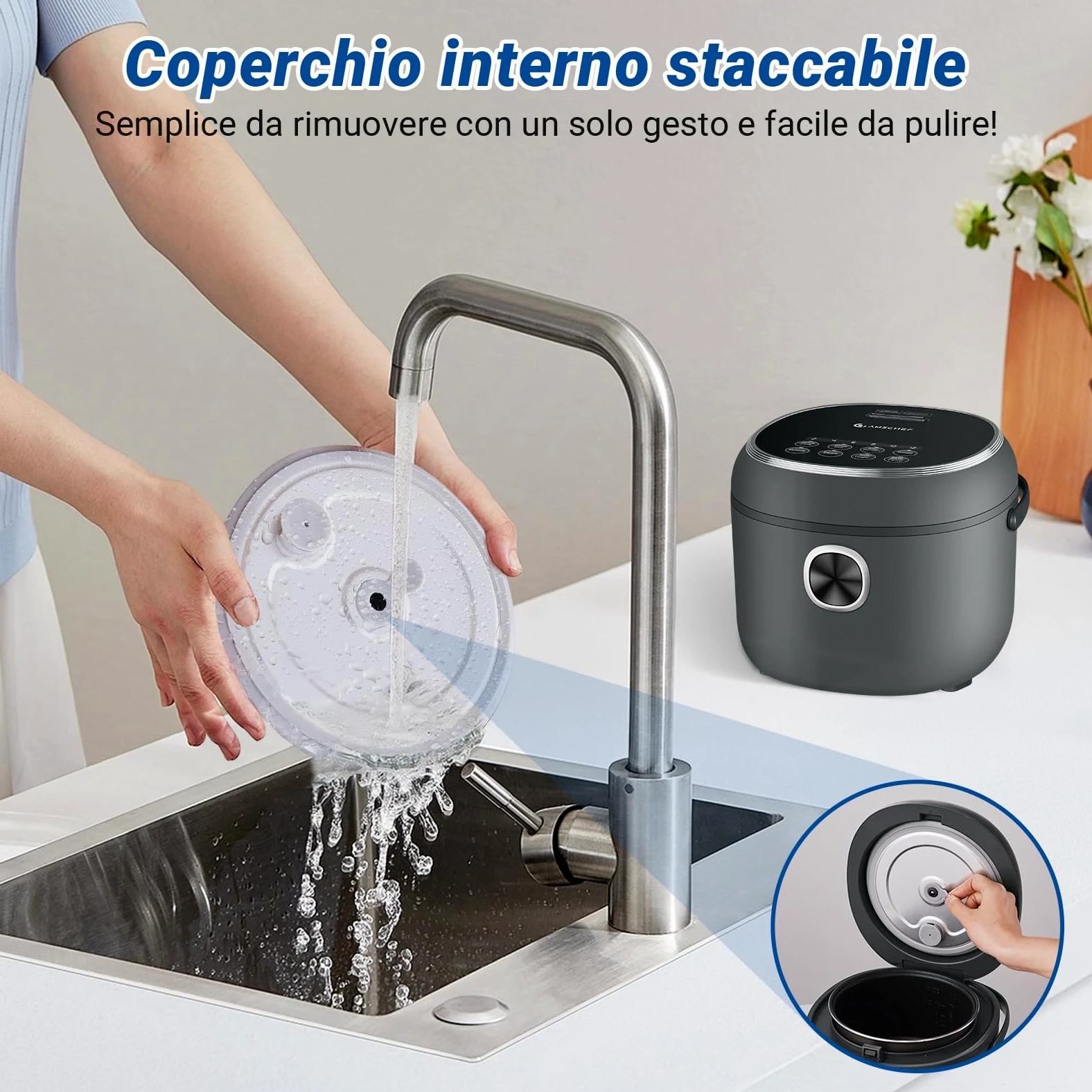 AMZCHEF Mini Cuociriso 2L, Multifunzionale per 1-4 Persone, 4 Tazze (Non Cotte) 400W Rice Cooker, 7 Funzioni di Cottura, con Cestello Vapore Incluso, Preimpostata e Mantenimento in Caldo