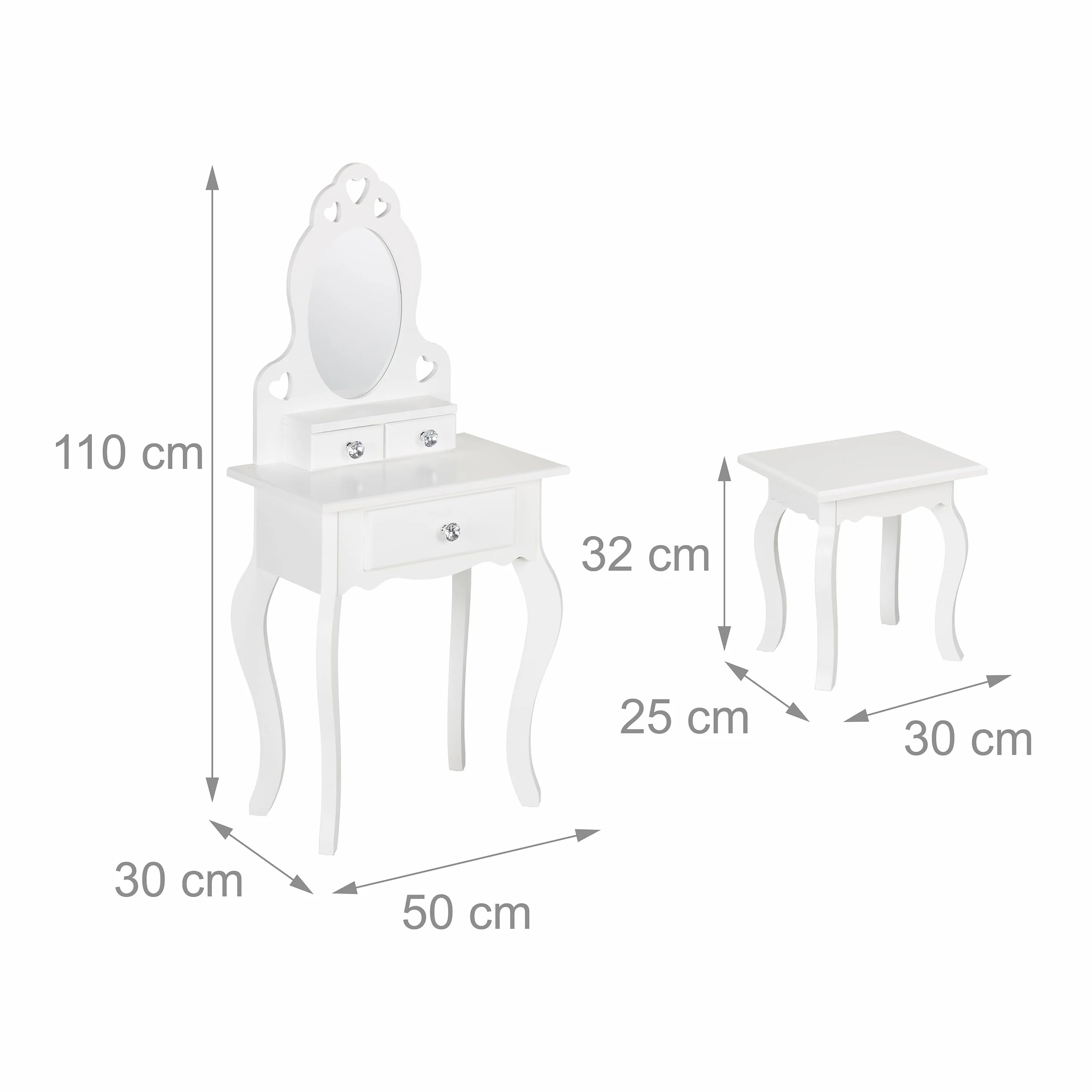Relaxdays Toeletta Trucco Bambina, Tavolino con Specchio e Sgabello, HLP: 110 x 50 x 30 cm, a Partire dai 3 Anni, Bianco