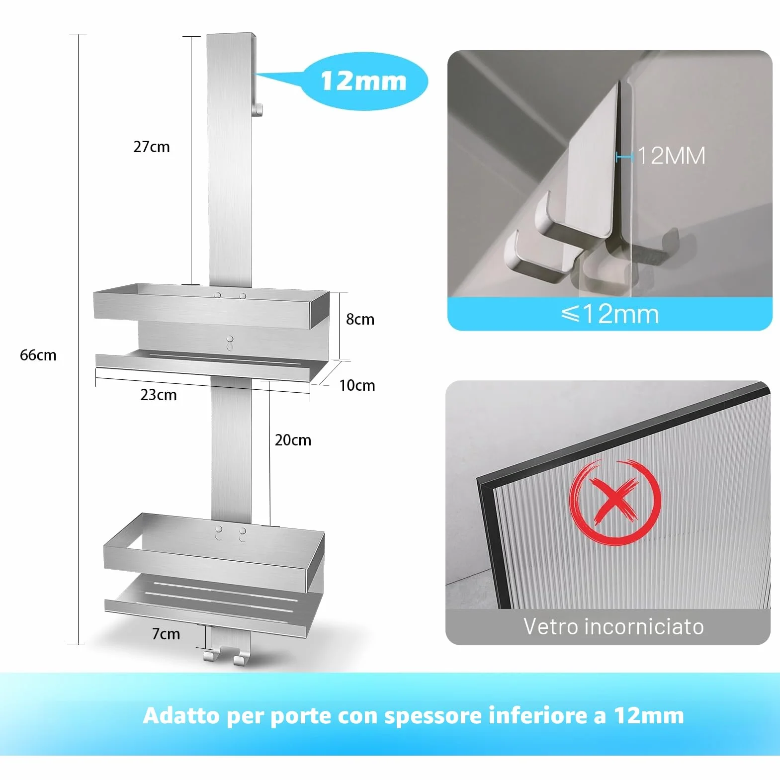 Mensola Doccia in SUS304 Acciaio Inox, Porta Bagnoschiuma da Appendere al Porte Doccia in Vetro, Argento (Doppio strato)