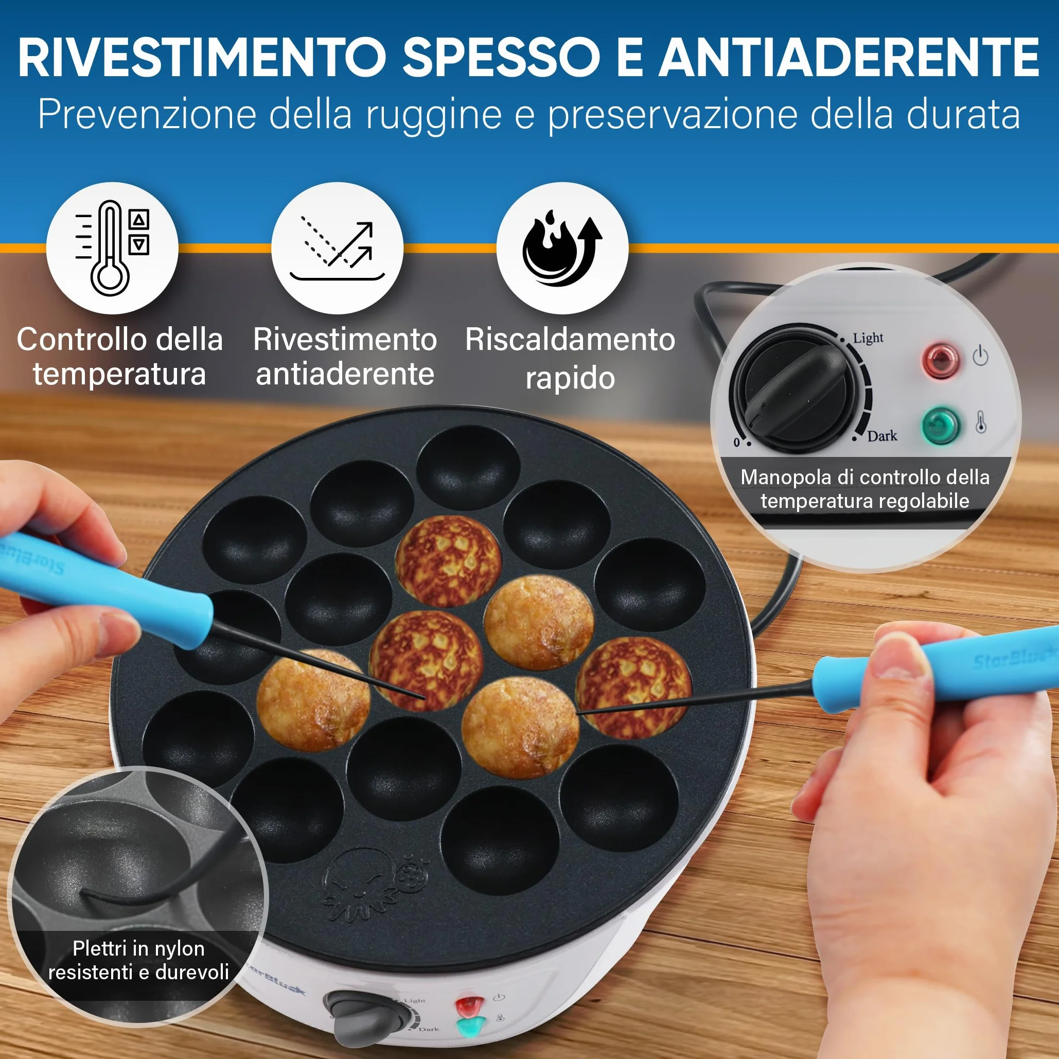 StarBlue Macchina per Takoyaki 18 fori 700W 220V 50Hz con Controllo Temperatura Spina UK Adattatore UE
