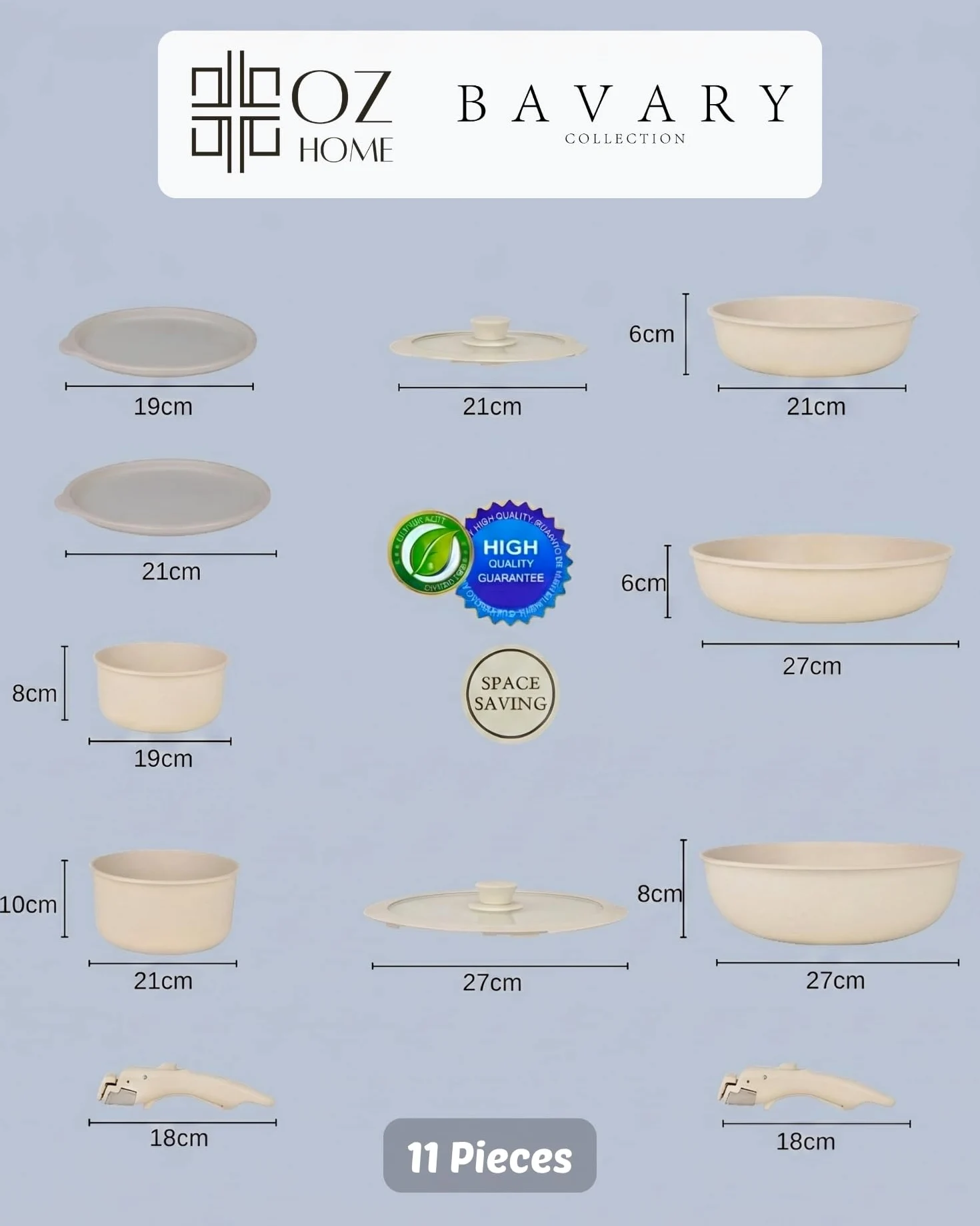 BAVARY Set Pentole Induzione 11 Pezzi - Batteria Pentole Antiaderente, Manico Rimovibile - Set Di Pentole Impilabile, Lavabile In Lavastoviglie, Tutti I Piani Cottura, Cucina Completa, Crema/Beige