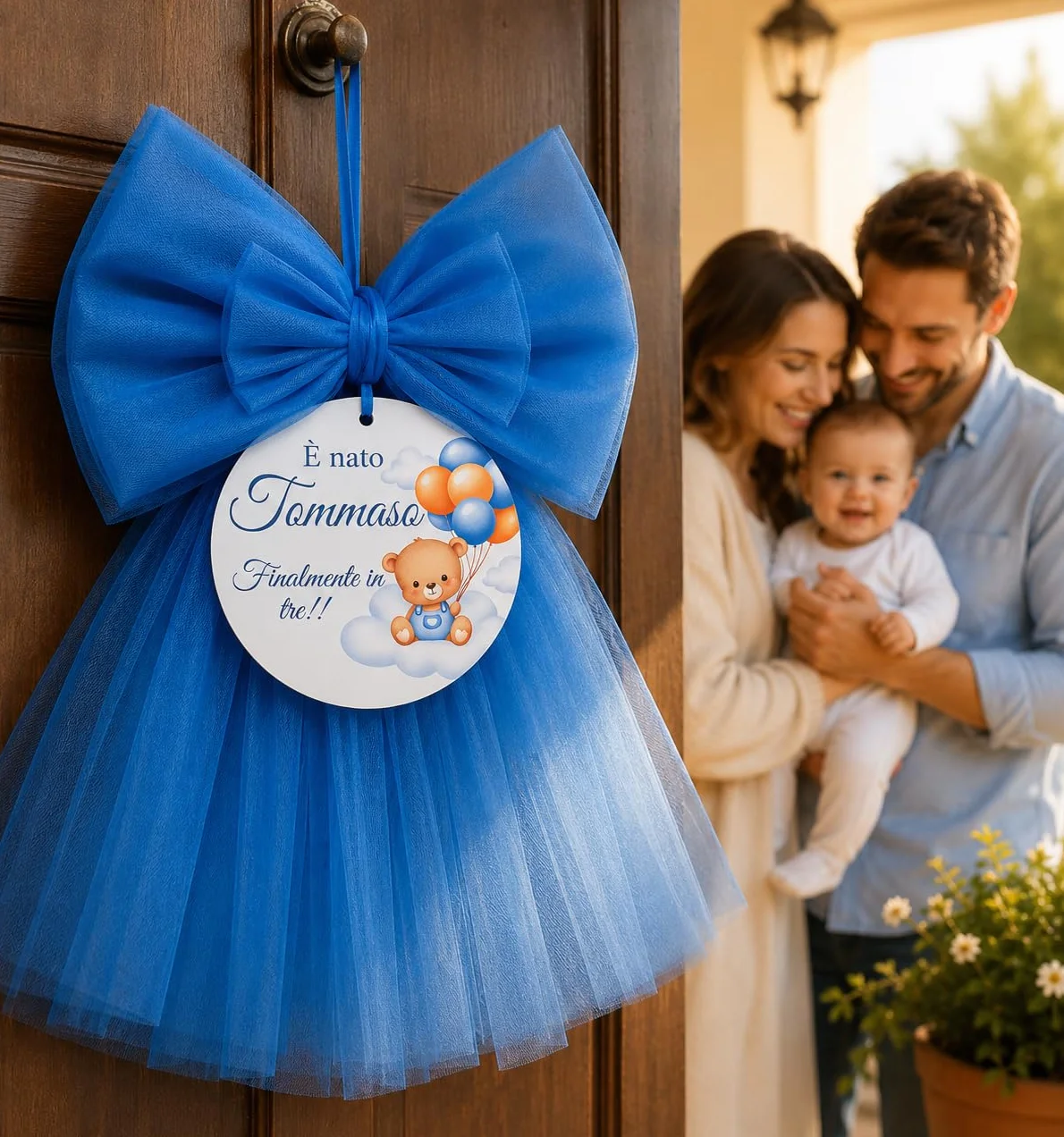 Fiocco Nascita Personalizzato con Nome e Frase, Decorazione Artigianale in Legno per Porta cameretta Neonato, Regalo Nascita Originale (Azzurro, Orsetto)