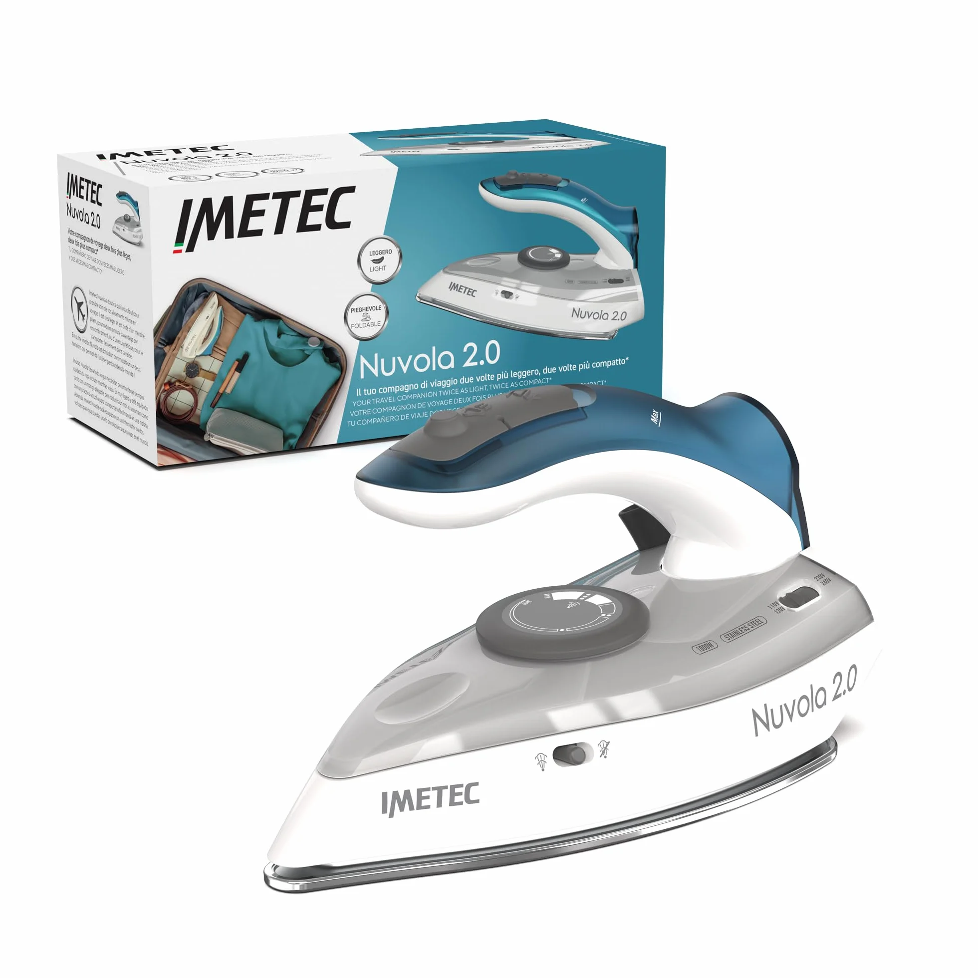 Imetec Nuvola 2.0 - Ferro da Stiro da Viaggio a Vapore - Piastra in Acciaio Inox - 1000 Watt - Compatto e leggero - Manico pieghevole - Custodia da Viaggio - Doppio Voltaggio - Colpo vapore 80 g