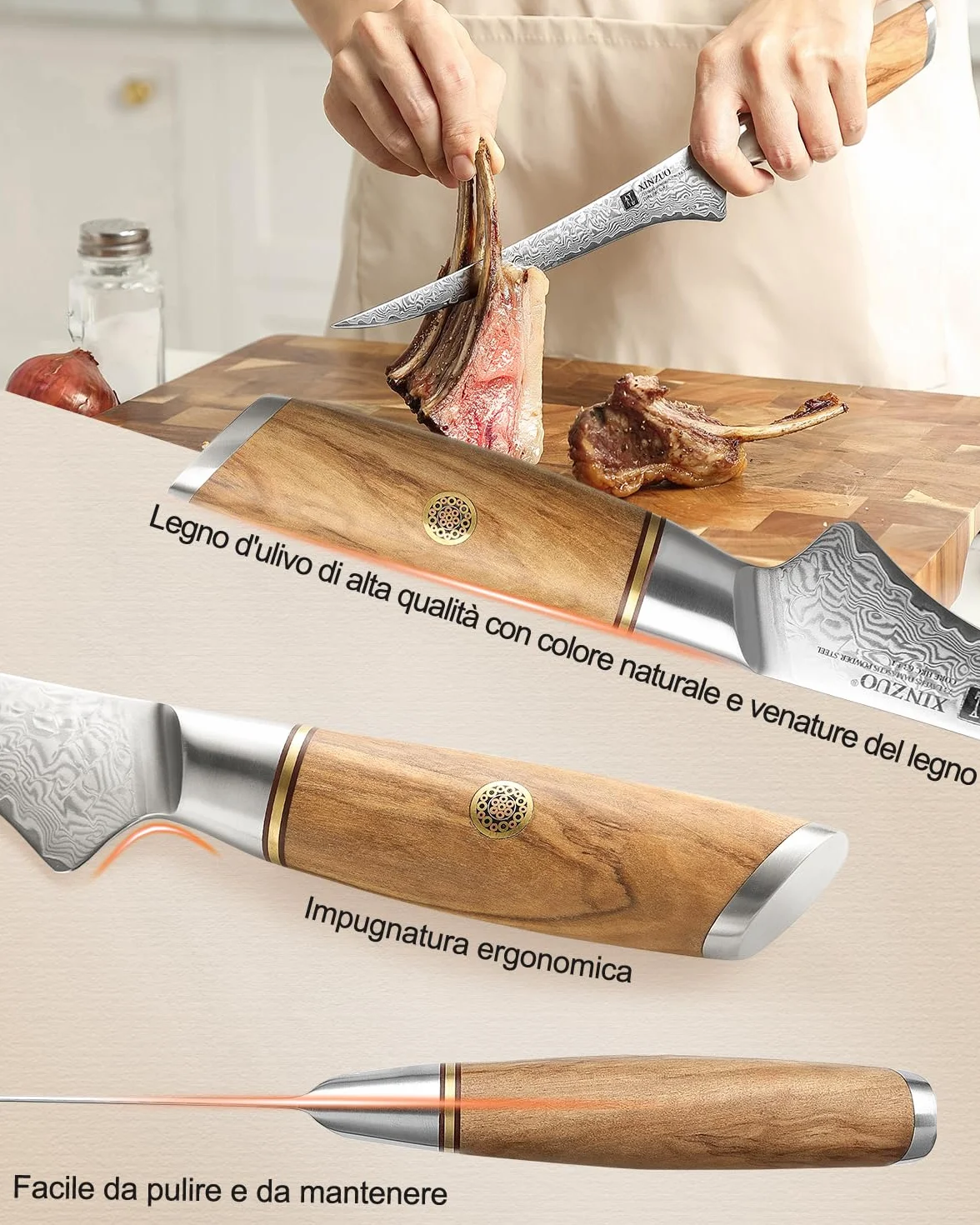 XINZUO 17,8cm Coltello per Sfilettare Acciaio a Polvere di Damasco a 73 Strati -Professionale Coltello da Filetto Cucina Bordo Disossare Pesce e Carne -Manico in Legno d'Ulivo