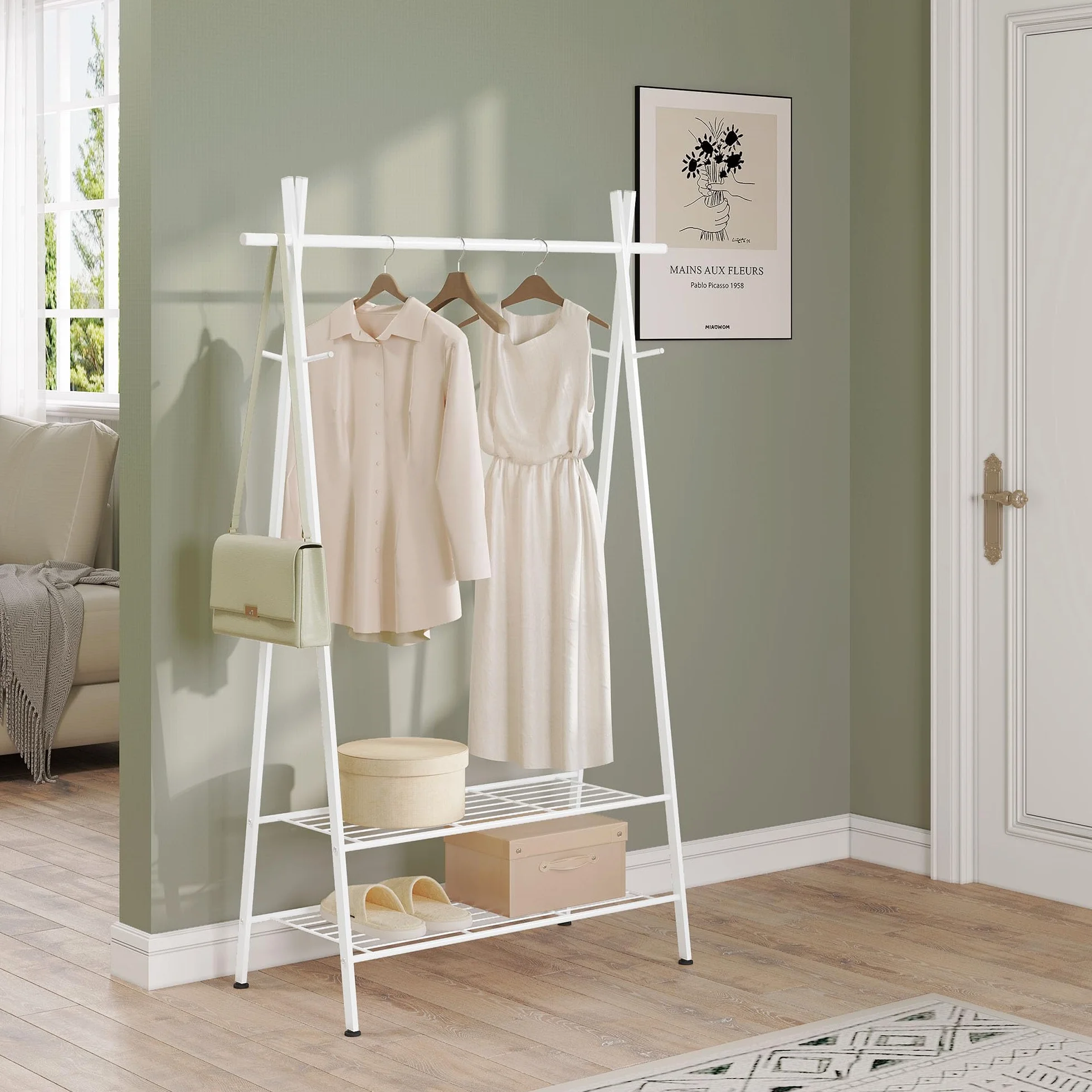 Stand Appendiabiti Moderno con Ganci e 2 Ripiani in Metallo, Bianco