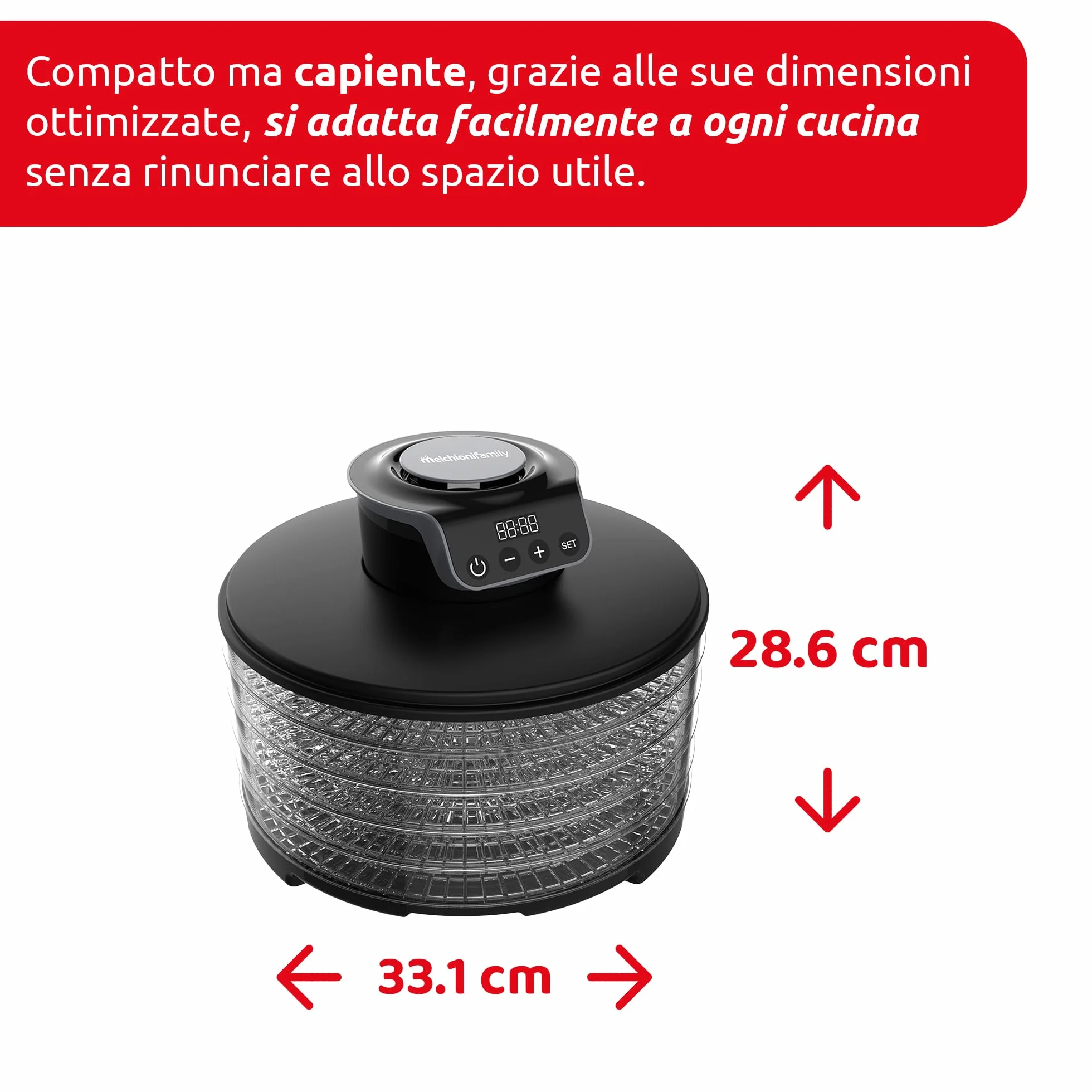 Melchioni Family | Essiccatore digitale TOWER, 5 ripiani regolabili, essiccazione di frutta, verdura, funghi 250W Alimentazione: 220-240V ~ 50/60Hz