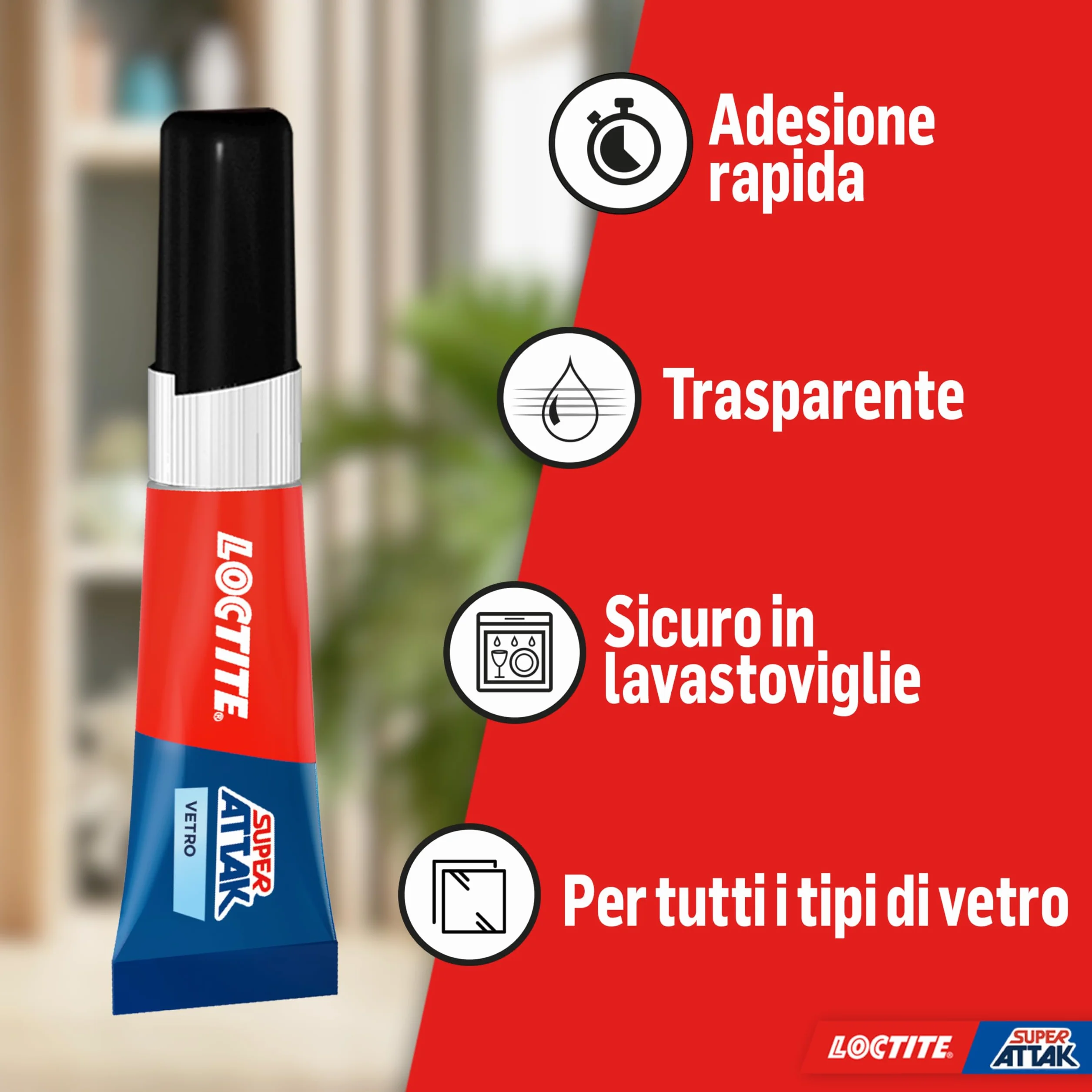 Loctite Super Attak Vetro, Colla per vetro di alta qualità, Adesivo istantaneo per vetro, Colla trasparente facile da usare, durevole e riutilizzabile, 1 x 3g