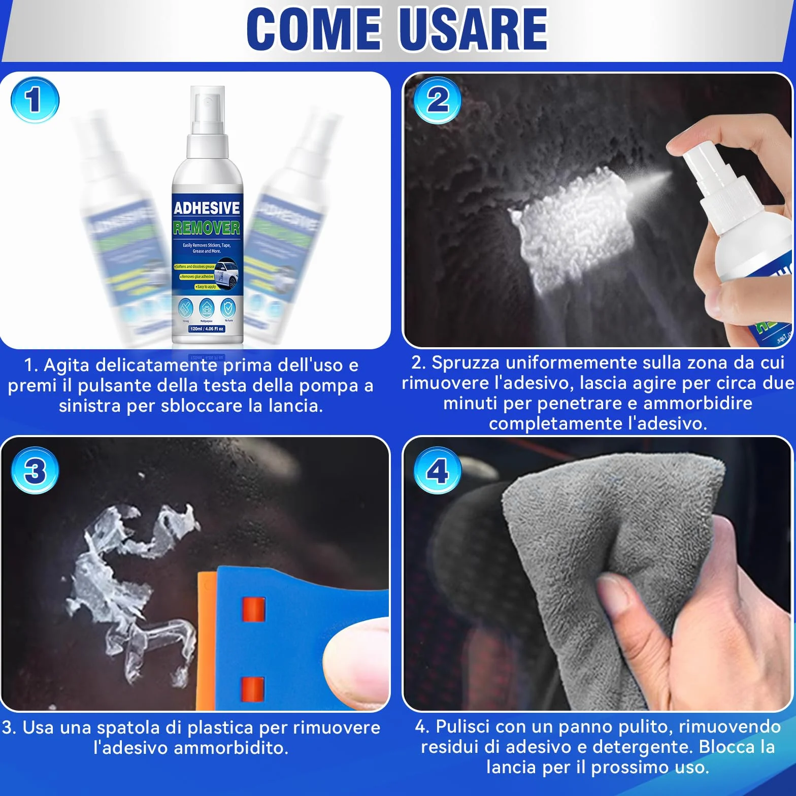 Rimuovi Colla Spray, Potente Rimuovi Colla Adesivi Pulizia dei Residui Appiccicosi, Rimuovi Silicon per Etichette, Adesivi, Nastro Adesivo da Finestre, Vetri, Auto, Legno, Metallo Superfici Multiple