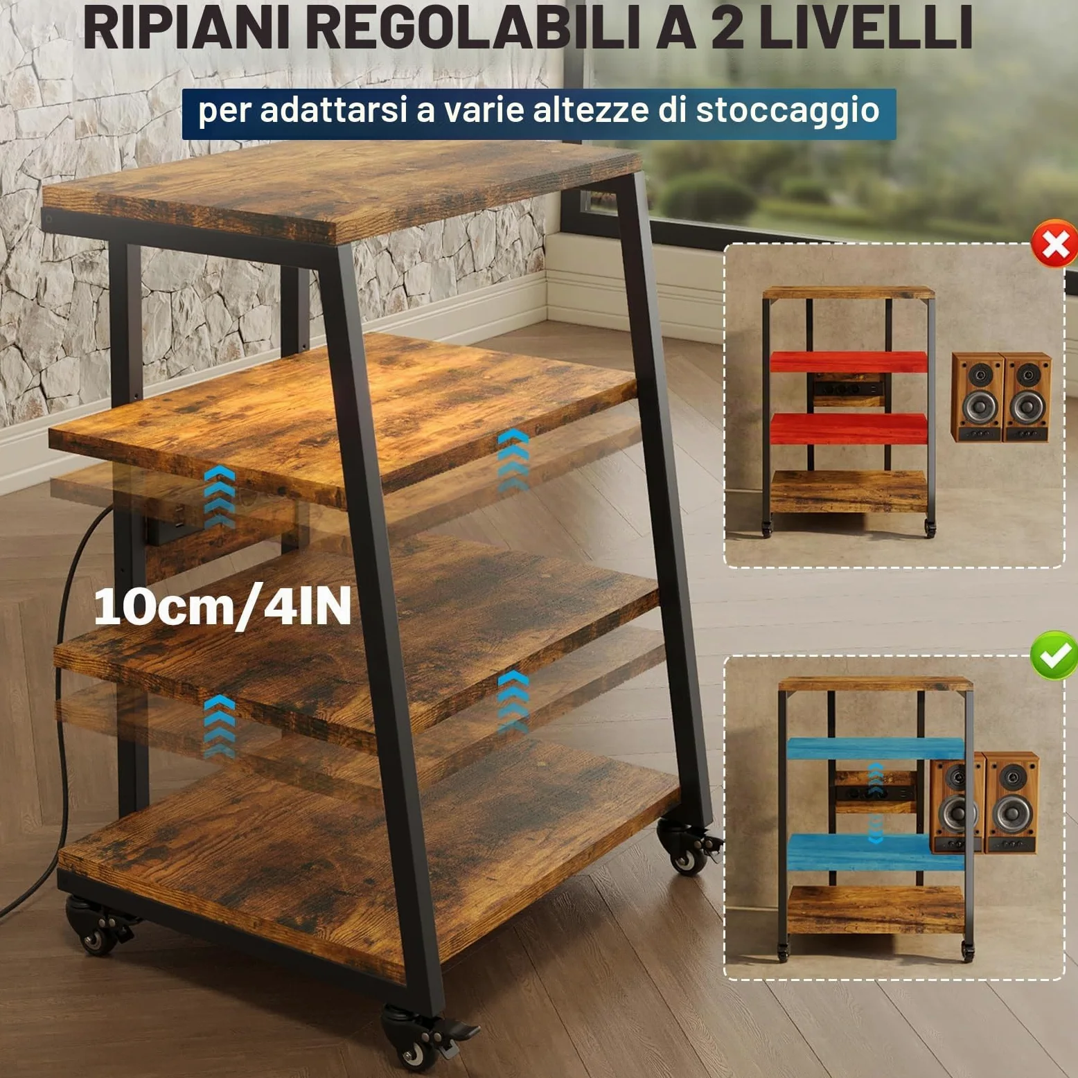 Mobile HIFI con ruote, Mobile Giradischi con 4 Ripiani e luce a LED, Supporto HIFI di altezza regolabile per Amplificatore/DVD Player/Sky Box