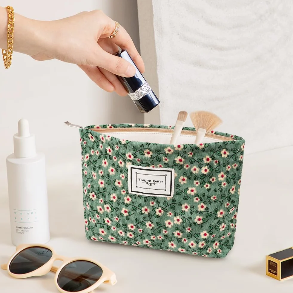 Aucuu Beauty Case da Viaggio 2 in 1 Borsa Cosmetici Donna Floreale Velluto a Coste